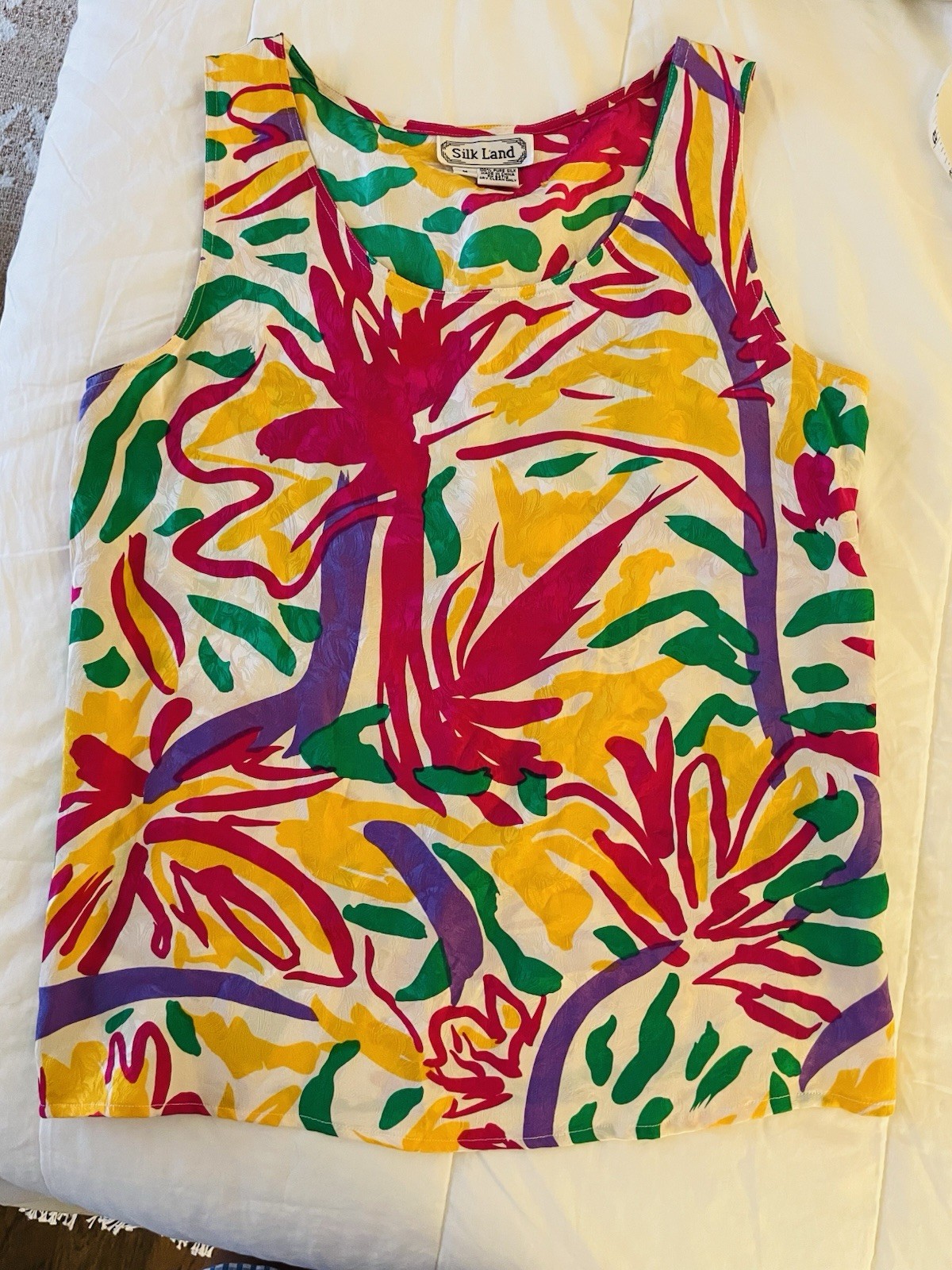 Silk Land Sleeveless Blouse Medium Multicolor Tank Shell Top Floral 100% Silk