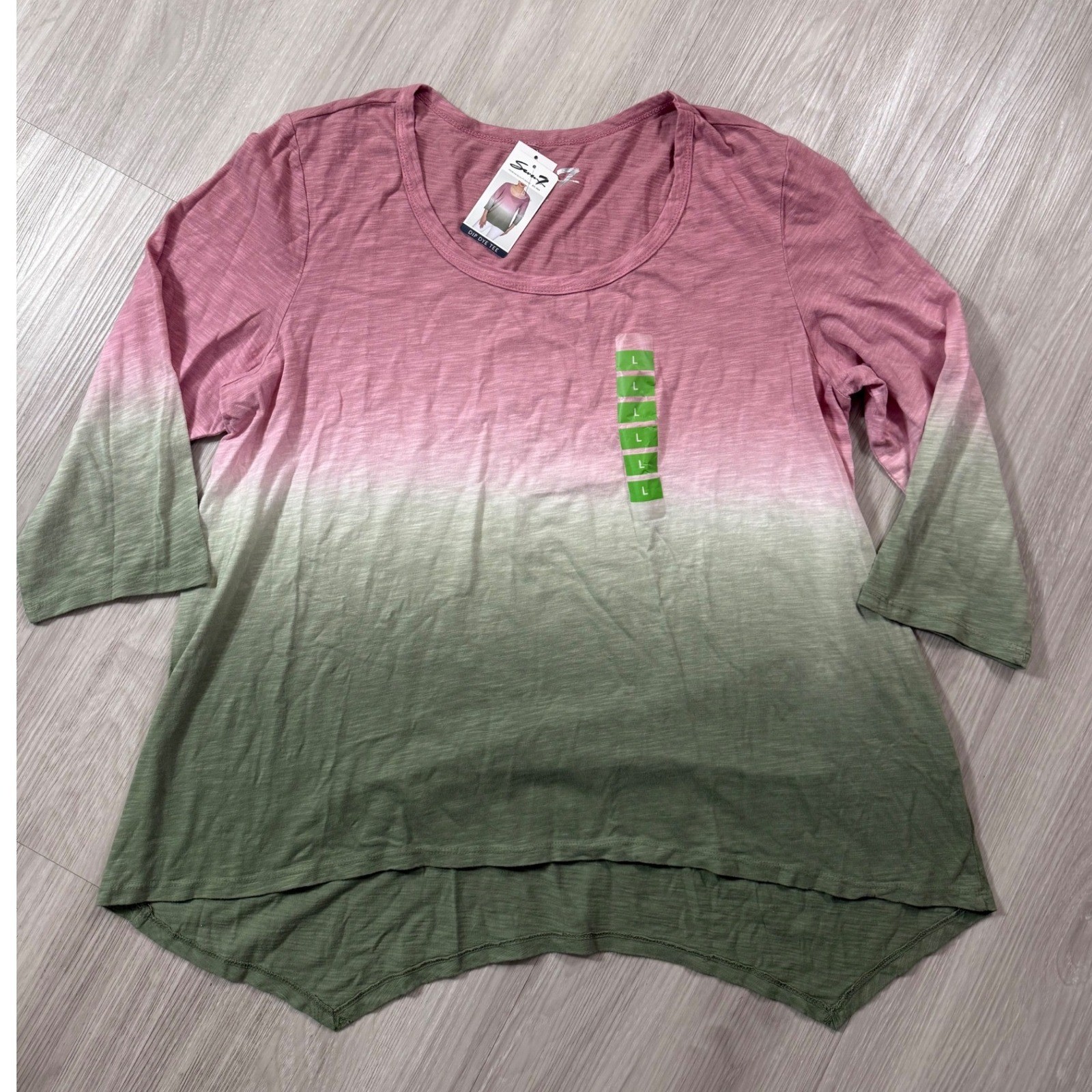 Seven7 Womens Dip Dye Tee Pink Olive Green Ombre Sharkbite Hem Top Size L NWT