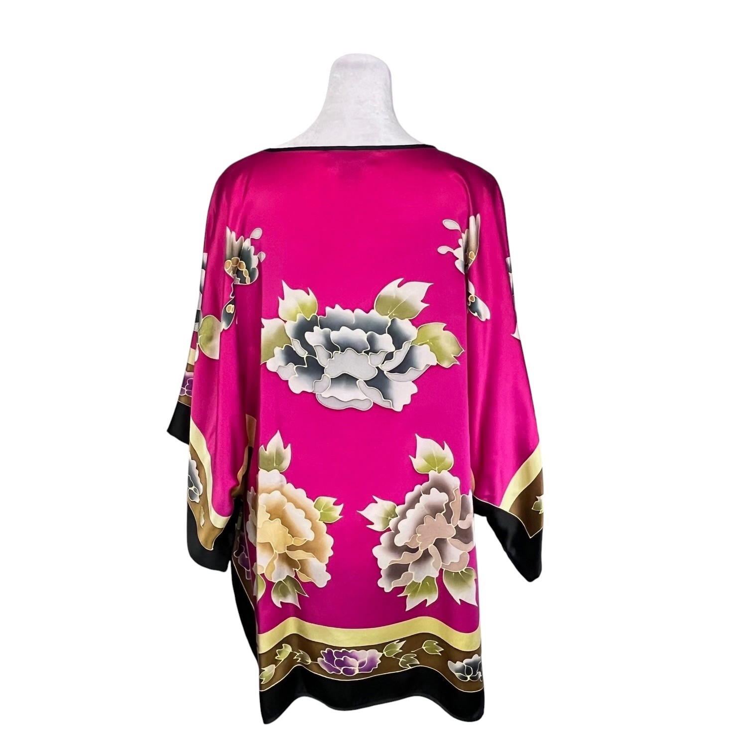 100% Mulberry Silk Pink Peony Floral Kaftan Blouse One Size Fits Most