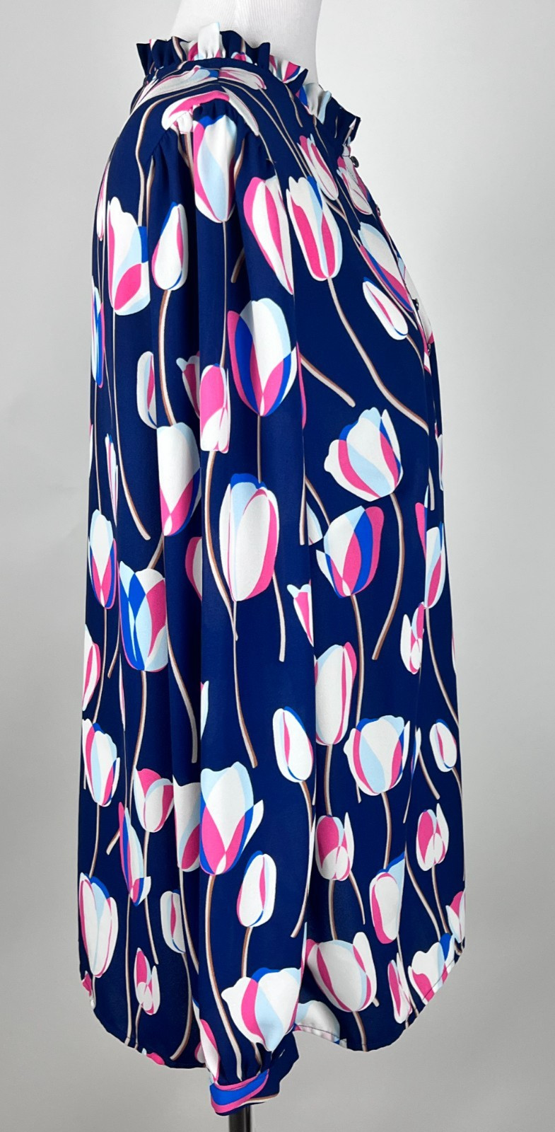 TALBOTS L/S ‘Ruffle Trim Popover Blouse in Tulips’ – 1X, Pink Blue White