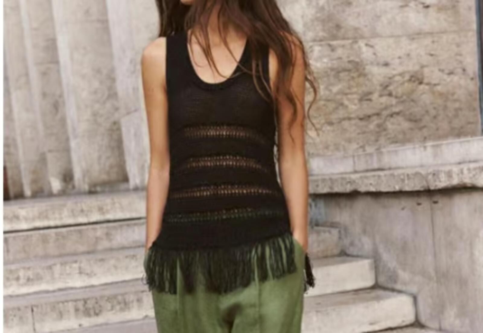 Zara Crochet Fringe Hem Tank Top Women’s Small Black Boho Festival Knit Chic