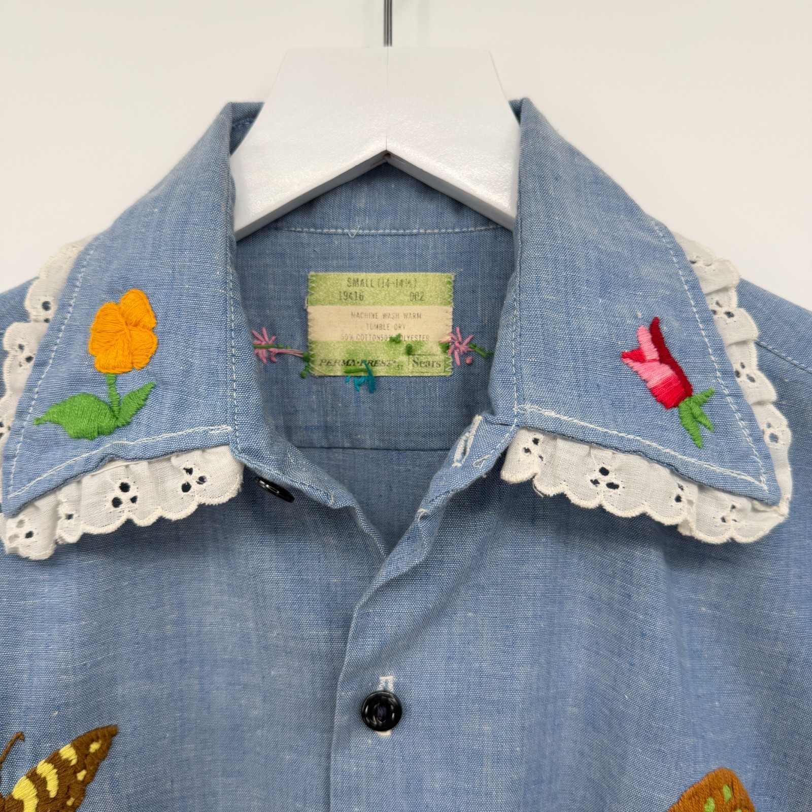 Vintage 70s Hand Embroidered Top Shirt S M Chambray Bird Butterfly Palm Tree USA