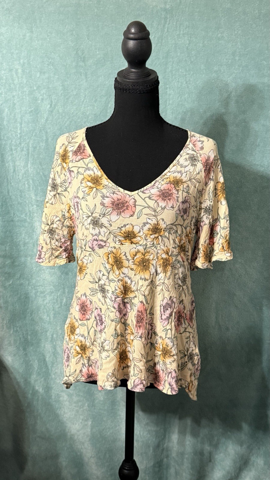 Rachel Zoe Yellow Floral Babydoll Top – V-Neck Peplum, Flutter Sleeve – Size S