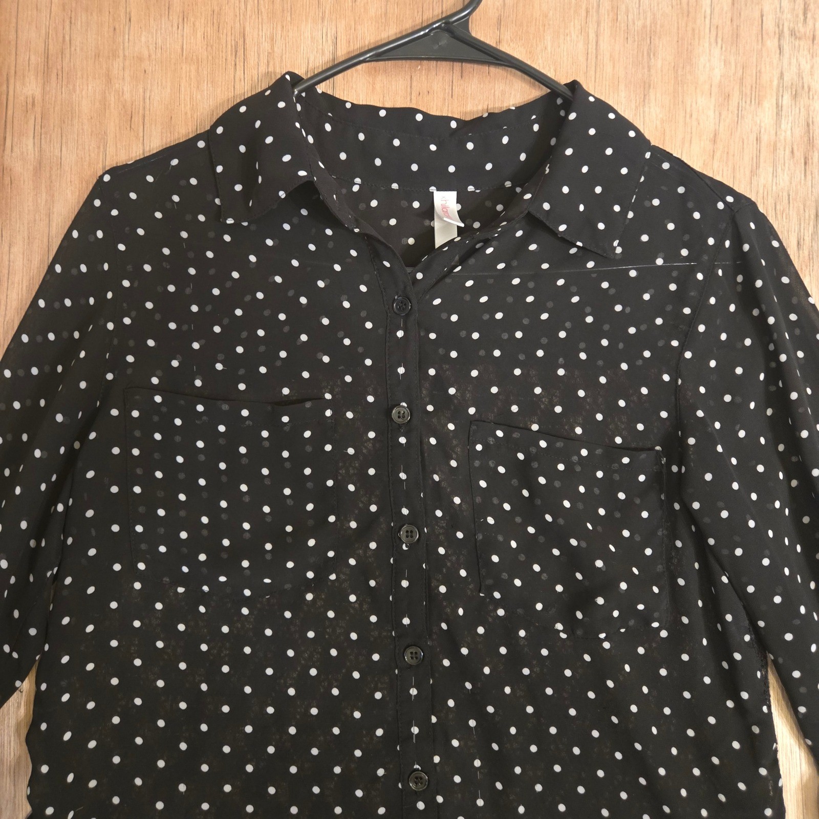 Black Polka Dot Button Down Lace Back Roll Tab Sleeve Blouse Small Whimsigoth
