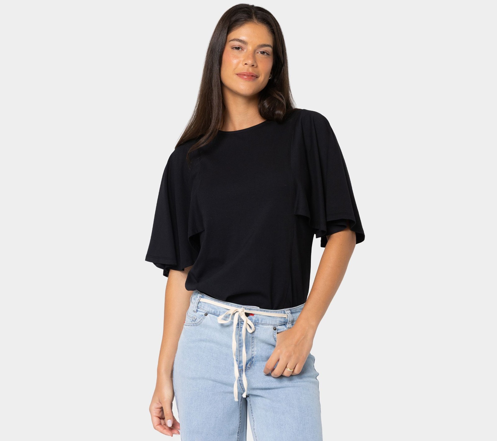 Peace Love World Boheme Crew Neck Futter Sleeve Top Black M New