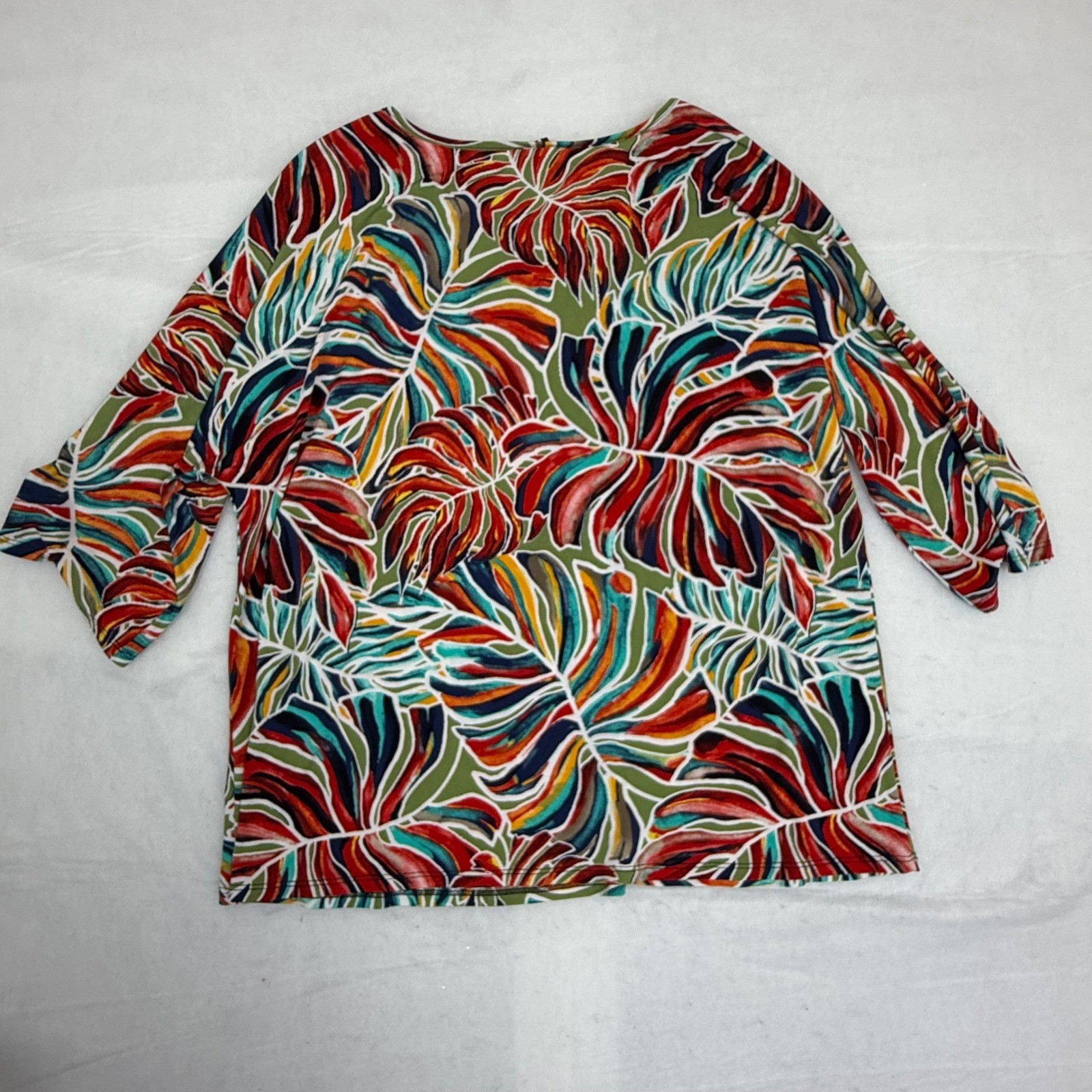 Pure Essence Womens Large Tropical Palm Leaf 3/4 Sleeve Top Red Green Multi L