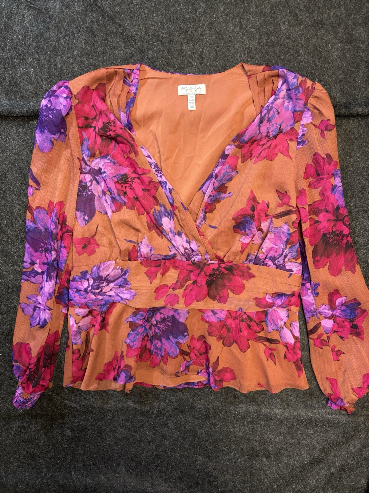 Sofia Jeans by Sofia Vergara Purple Multi Floral V Neck Blouse Top XL 16-18