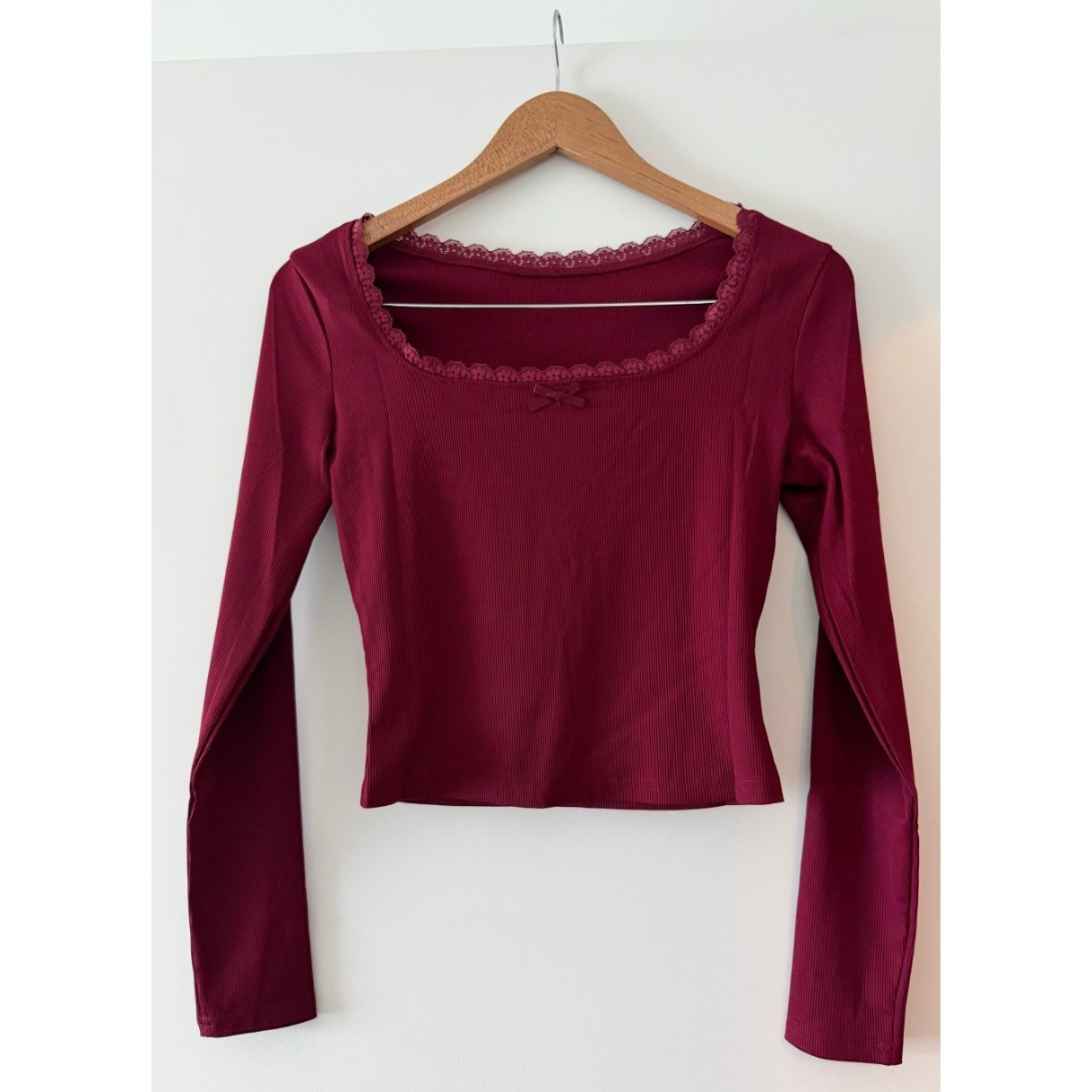 Burgundy Long Sleeve Ribbed Lace Trim Square Neck Bow Front Crop Top Womens Red
