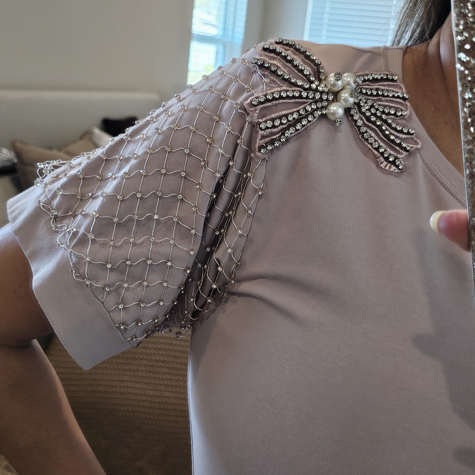 Pastel Light Pink Mesh Short Sleeve Mesh Top with Beaded Rhinestone Bow Accent S