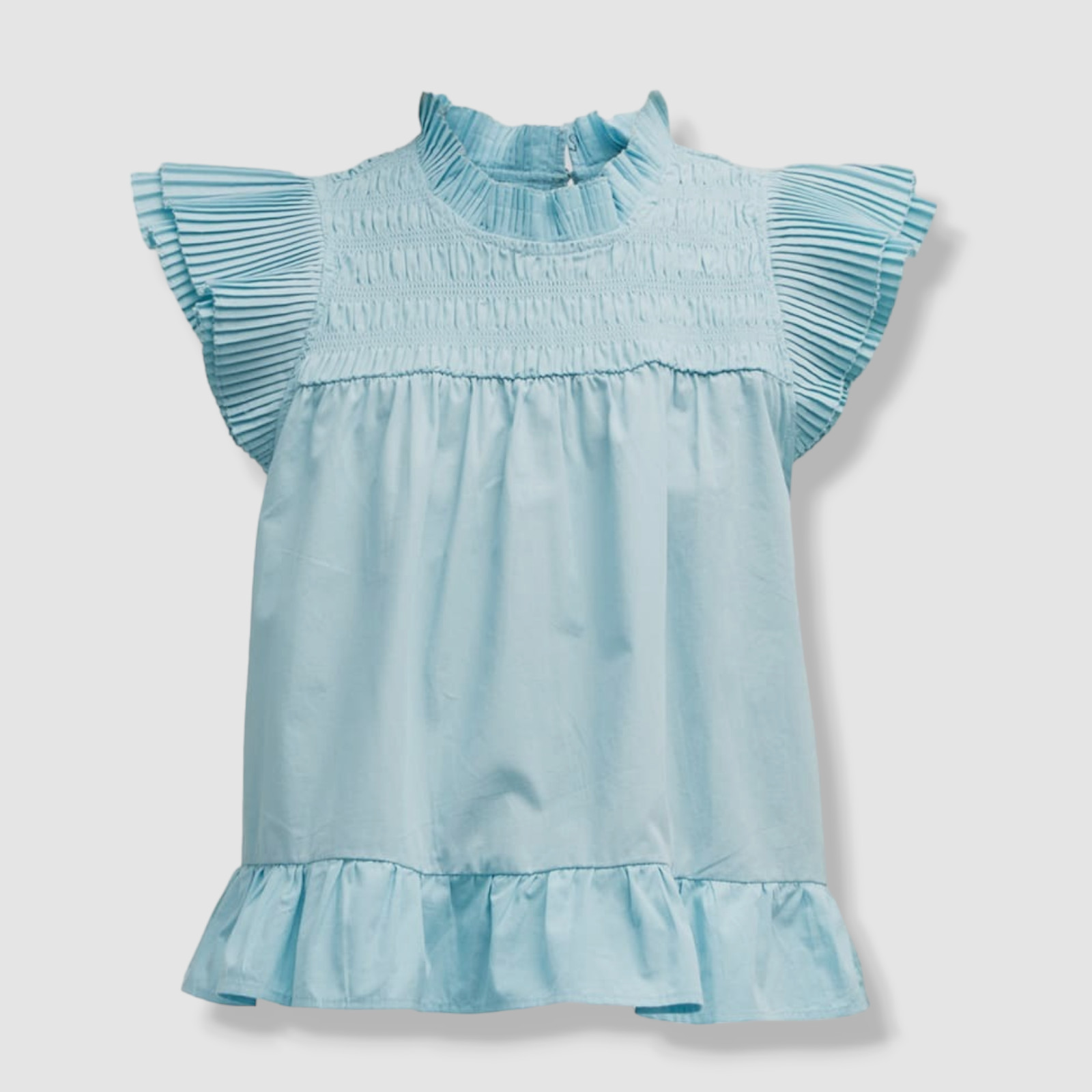$175 Love The Label Women’s Blue Poppy High-Neck Ruffle Short Sleeve Top Size S