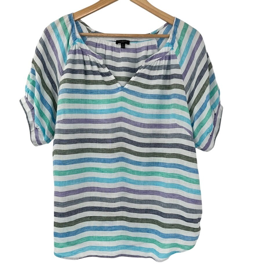 Talbots Petite LP 100% Linen Striped V-Neck Short Sleeve Top Multicolor BD2706