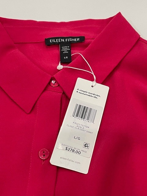 NWT! Eileen Fisher $278 L ‘Azalea’ Bright Pink 100% Silk Shrt Machine Wash