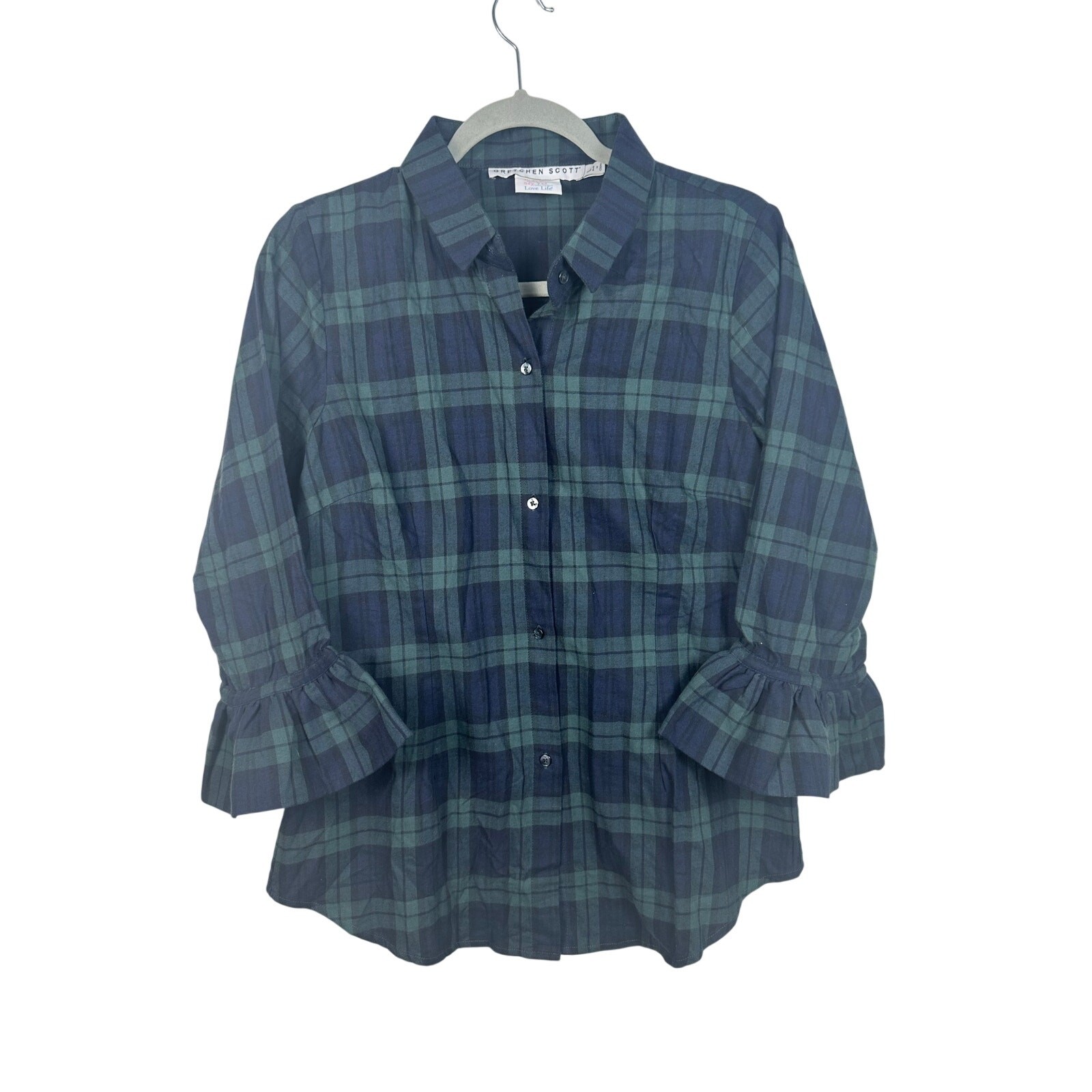 Gretchen Scott Priss Plaid Shirt Bell Sleeve Flannel Size Large Cotton Preppy