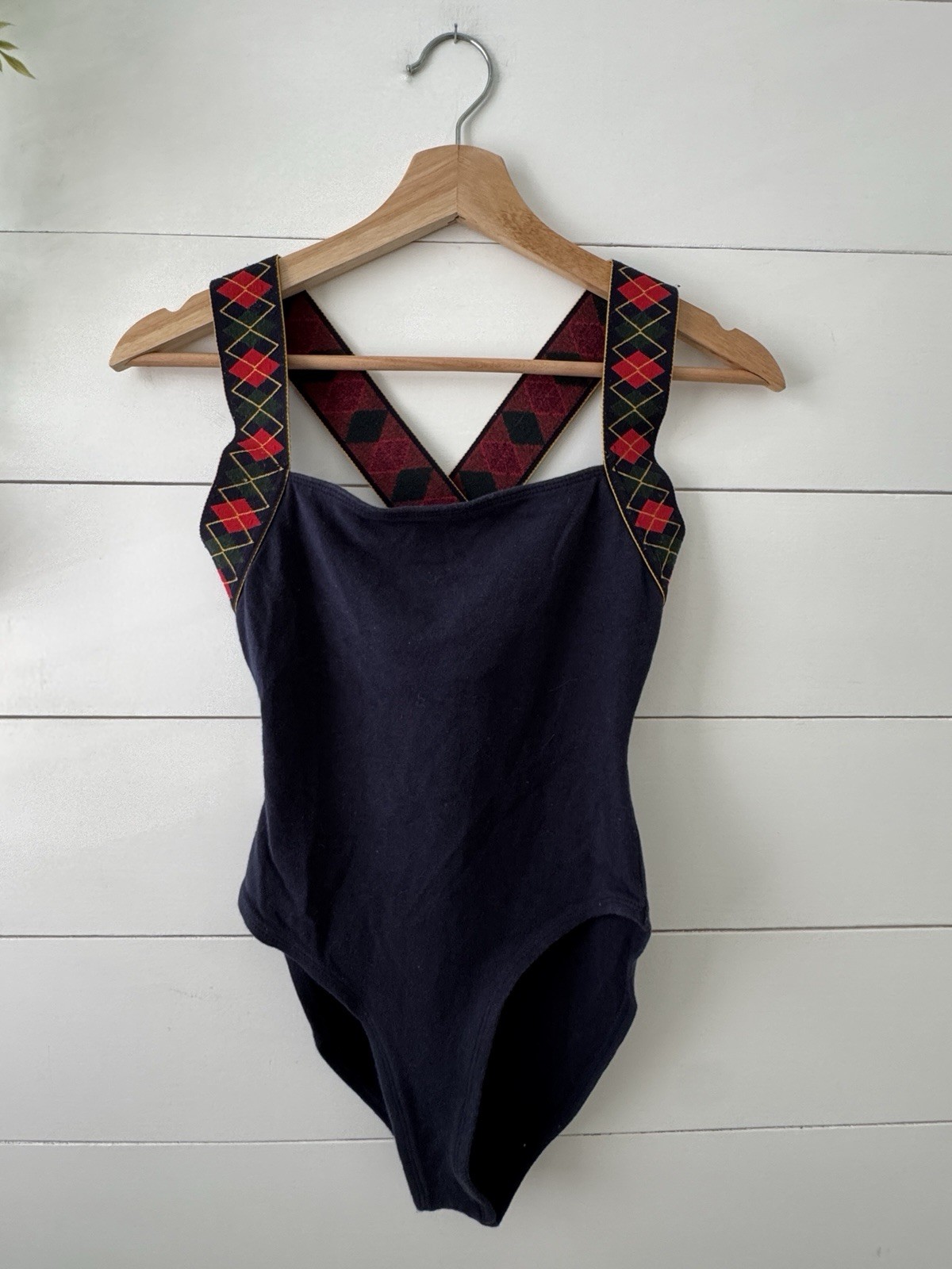 Liz Claiborne Women Body Wear Bodysuit Sz Small Navy Blue Argyle Diamond Trim