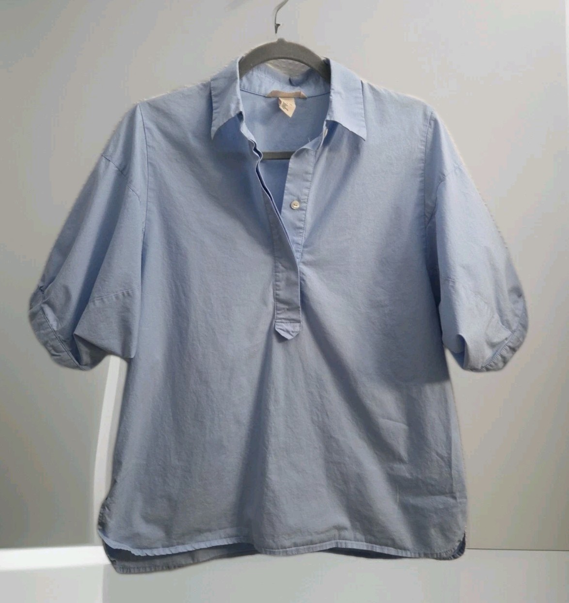 H&M Womens Cotton Tunic Top Lt Sky Blue US/6 Puff Sleeves ½ button Up Collar EC