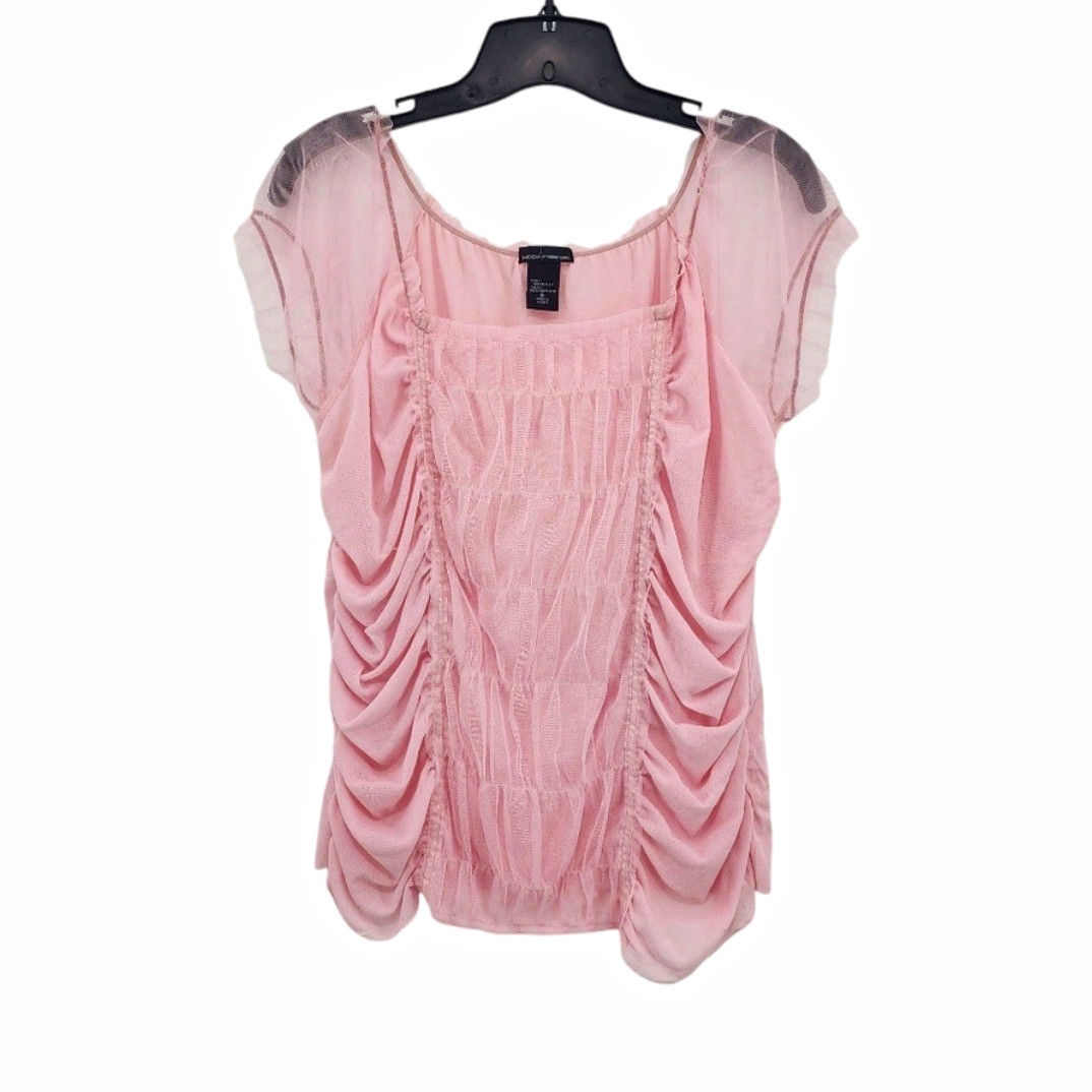 Moda International Pink Ruched Sheer Tulle Scoop Neck Cap Sleeve Blouse XL