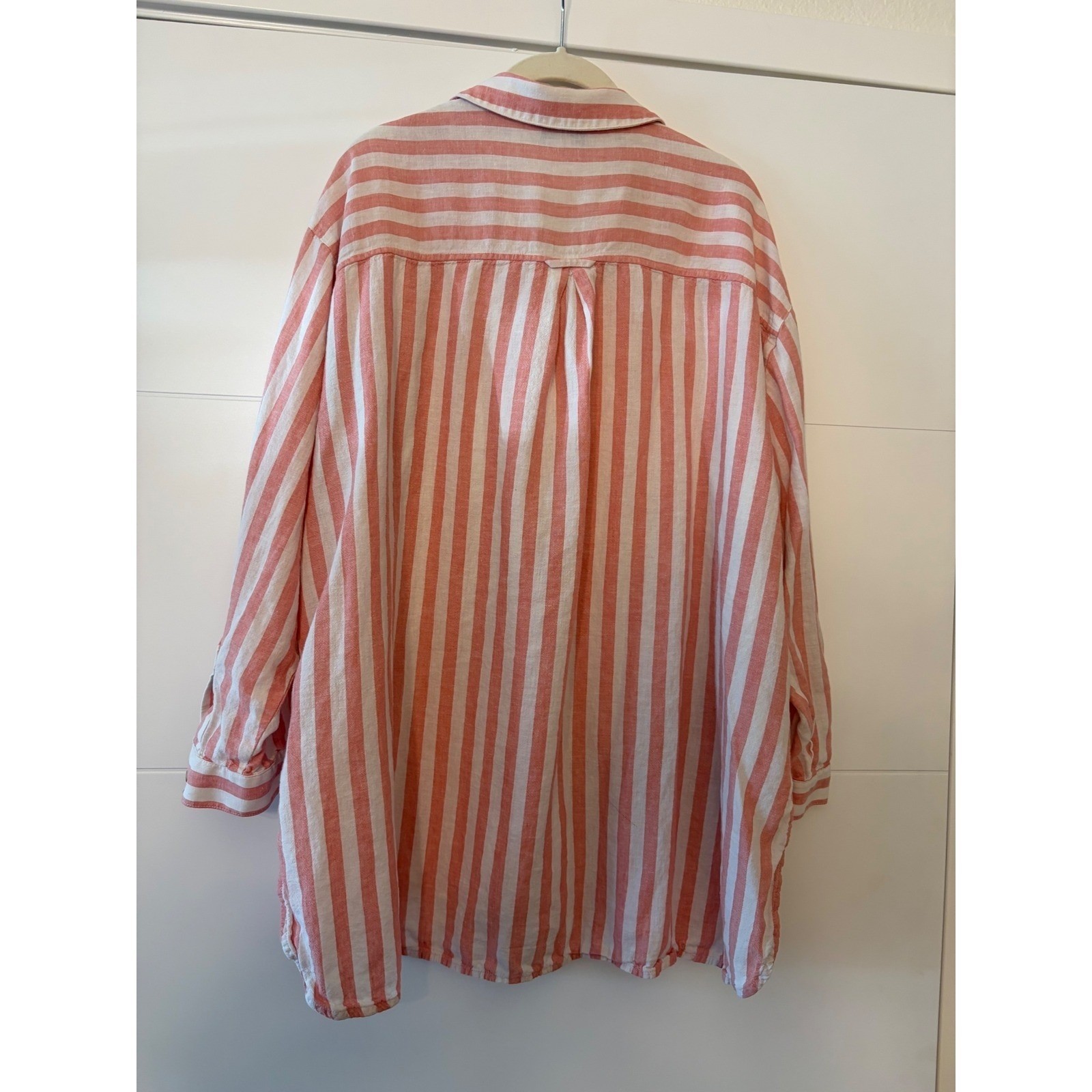 Old Navy The Boyfriend Shirt 2X Coral Pink White Striped Linen Blend Button Down