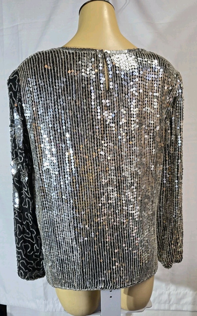 Vintage Joseph Le Bon Black Silver Sequin & Beaded Silk Top Size Medium Floral