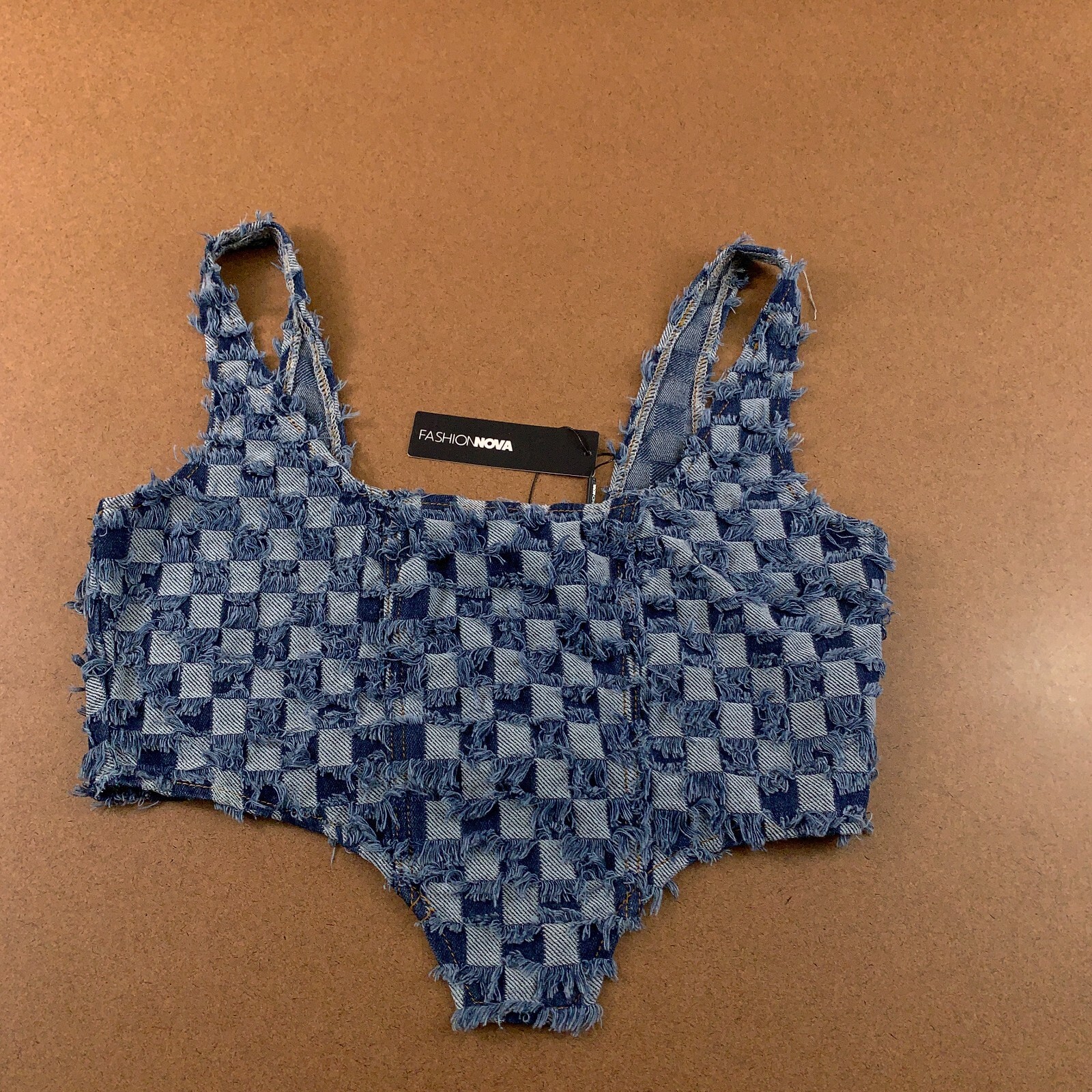 Fashion Nova Womens Size Large Check Distressed Denim Sleeveless Crop Top NWT