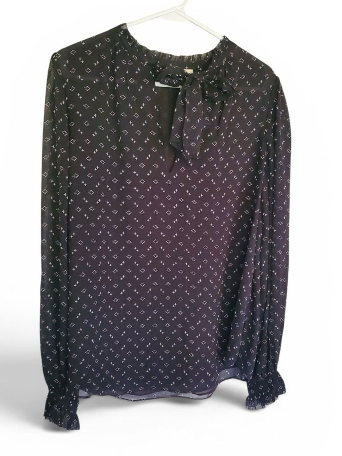 Joie Silk Geometric Print Black Tie Neck Ruffle Blouse Career Wear Whimsigoth