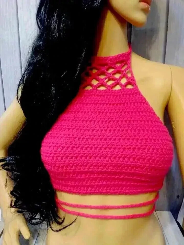 crochet handmade boho womans summer top festival M/L hot pink USA