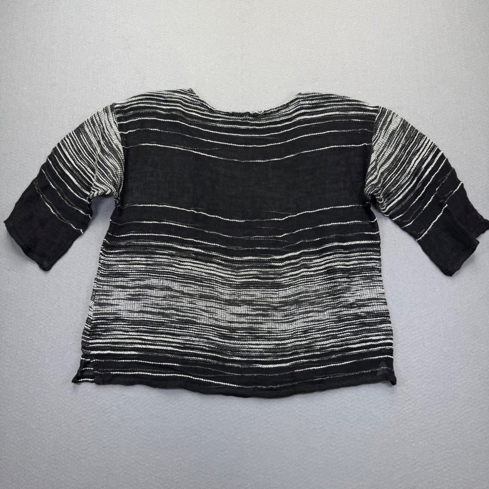 Eileen Fisher Organic Linen Blend Striped Boxy Knit Top Black White S/P S18PFA