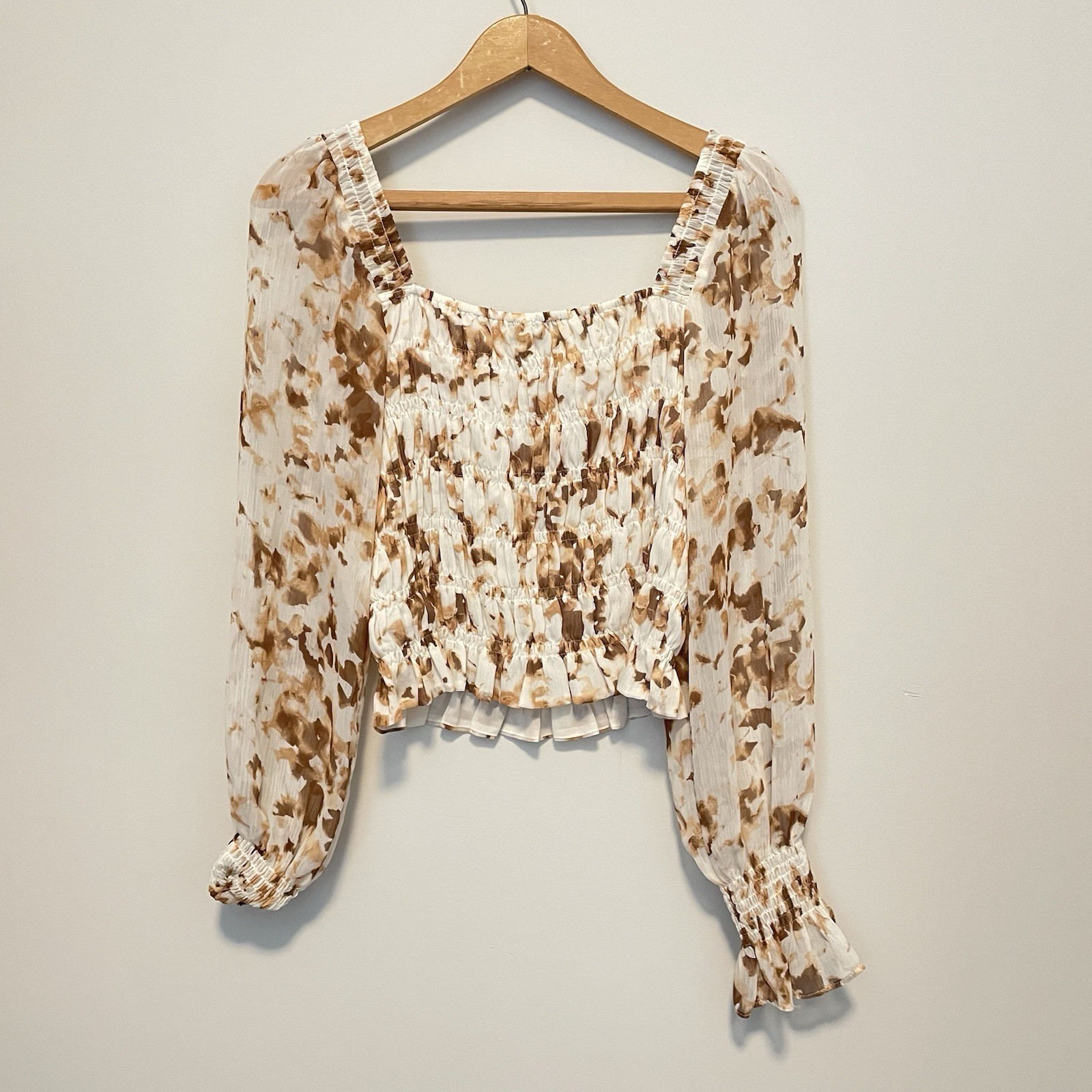 Express Abstract Smocked Crop Top Small Puff Sleeve Boho Cottagecore Western