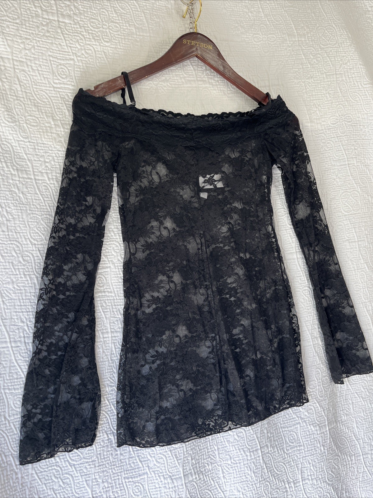 Dreamgirl Black Lace Sheer Shirt Small Off Shoulder Tattoo Top Witchy Whimsigoth