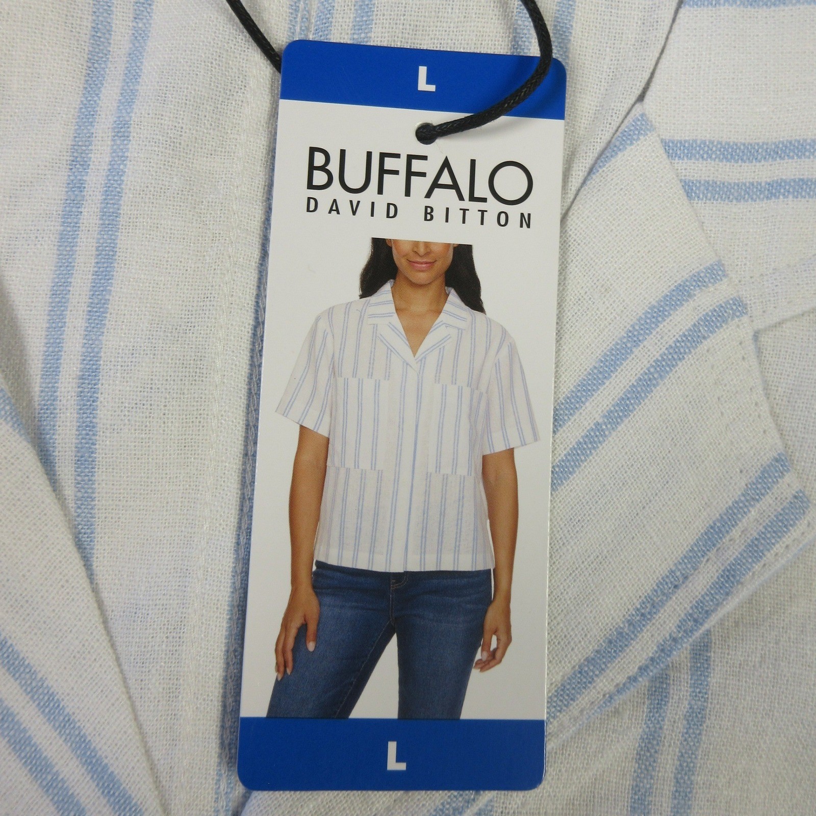 BUFFALO DAVID BITTON Linen Blend Striped Blouse L 14-16 Coastal Blue White NWT