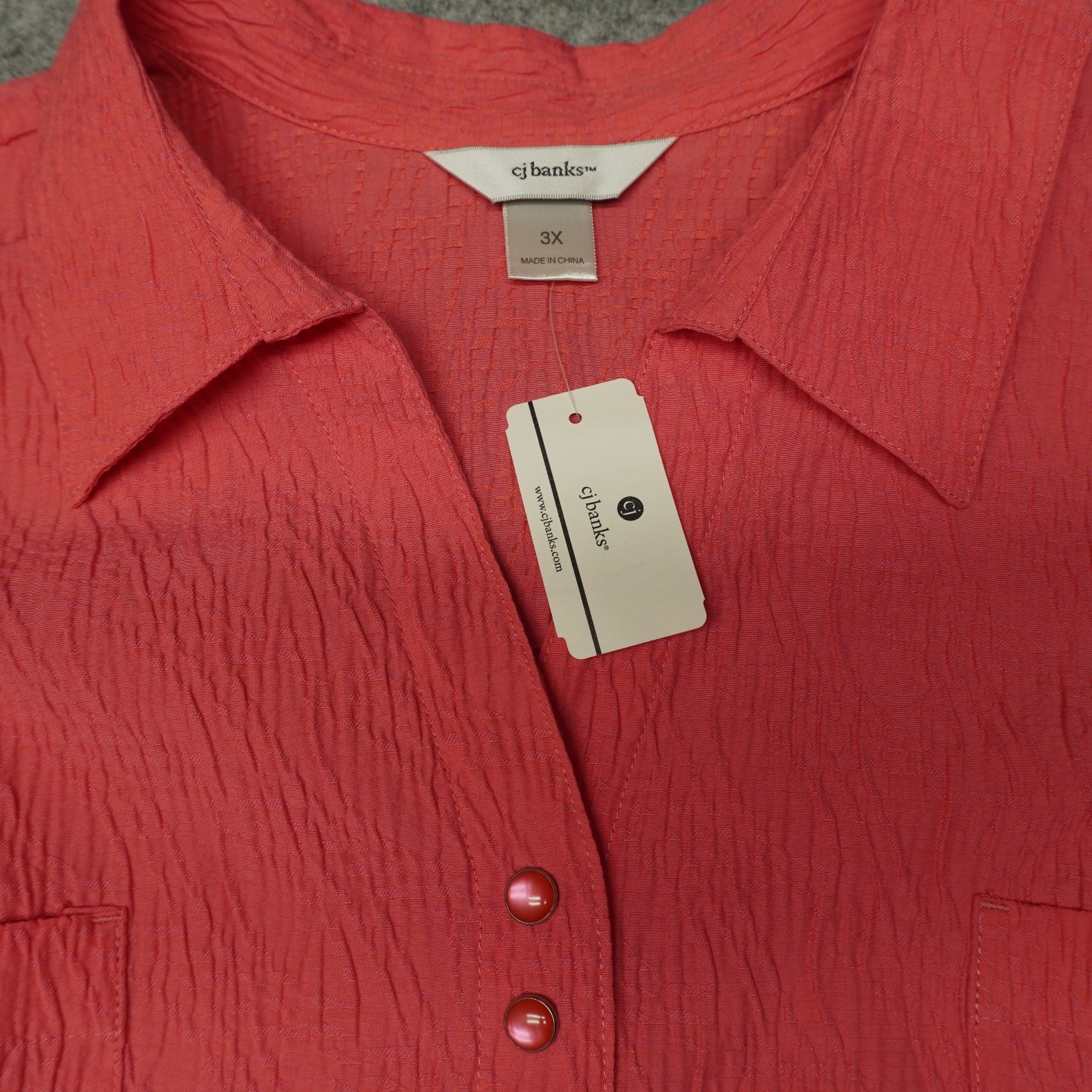 CJ Banks Women’s 3X Coral Button Front Textured Top Cotton Blend New
