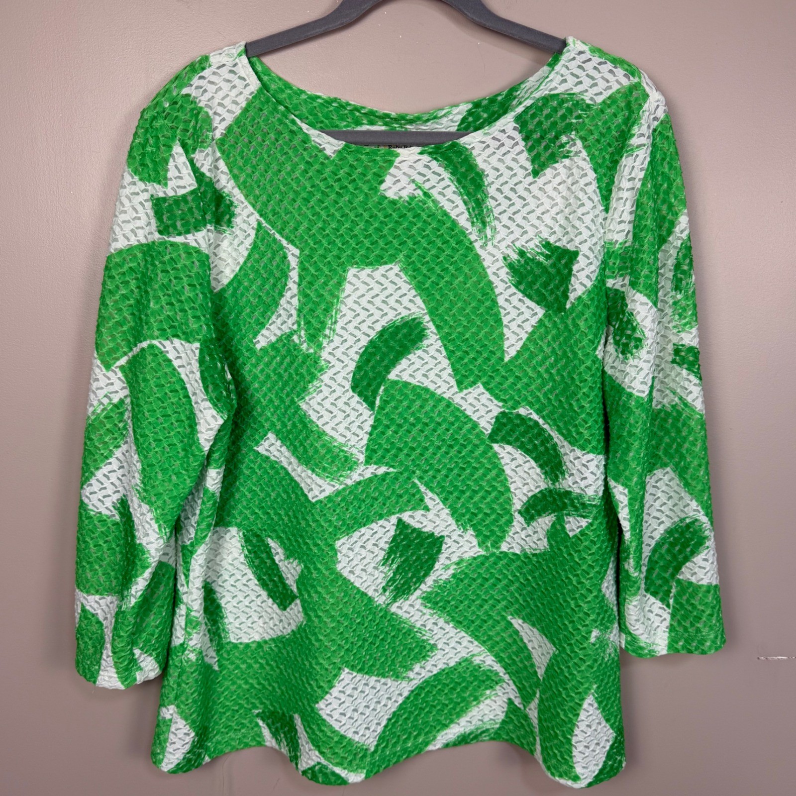 Ruby Rd Favorites Womens XL Green White Abstract Textured 3/4 Sleeve Top
