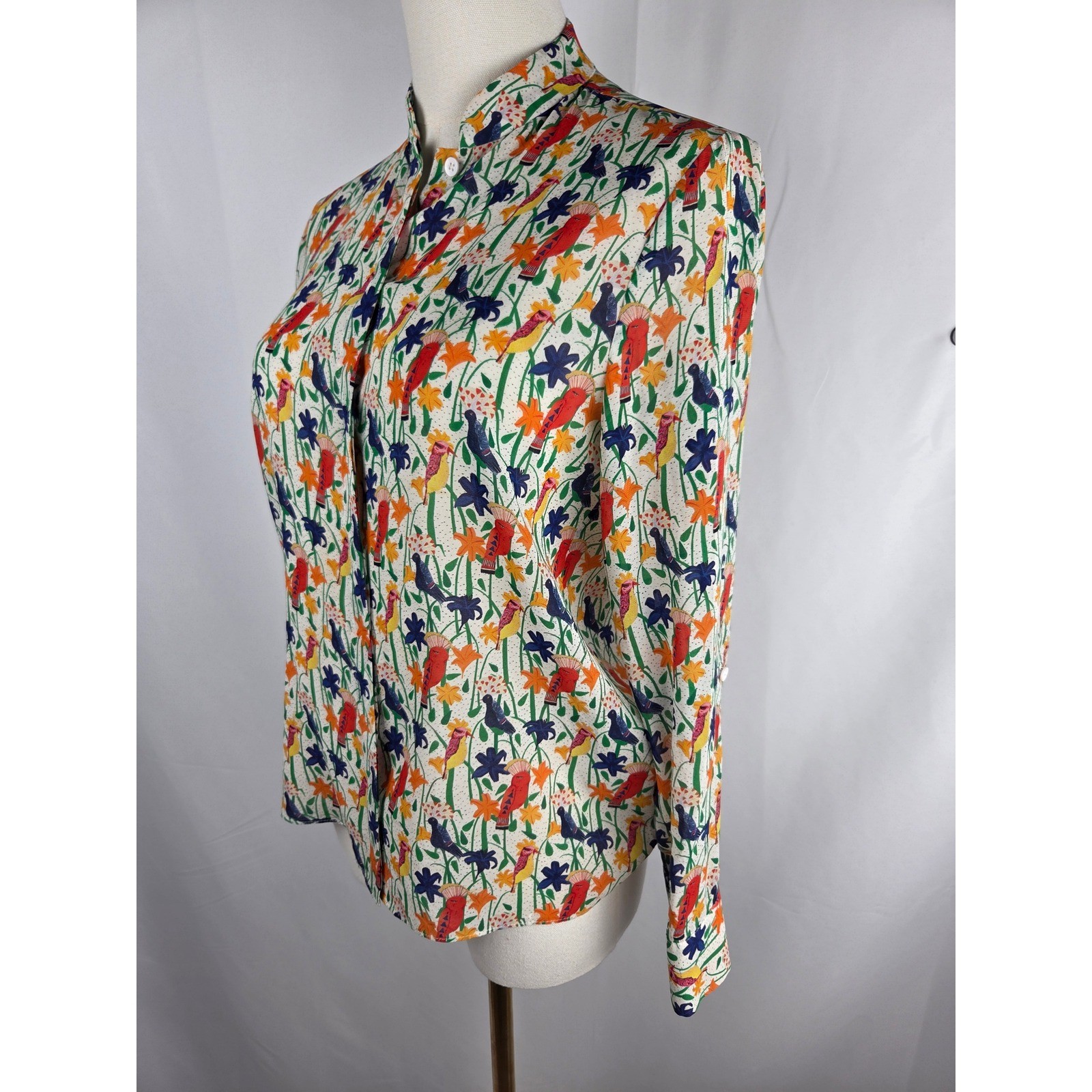 Alice + Olivia Eloise Blouse XS Multi Bird Print Mandarin Collar Silk Whimsical