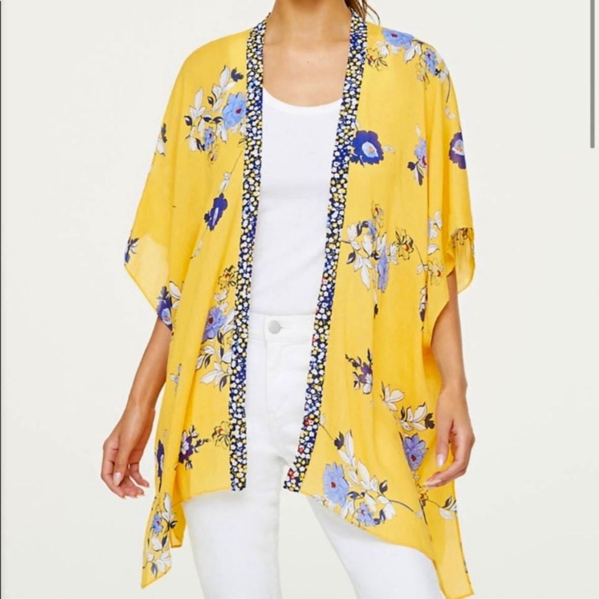 LOFT Outlet Yellow Blue Floral Open Front Kimono Sleeve Kimono One Size