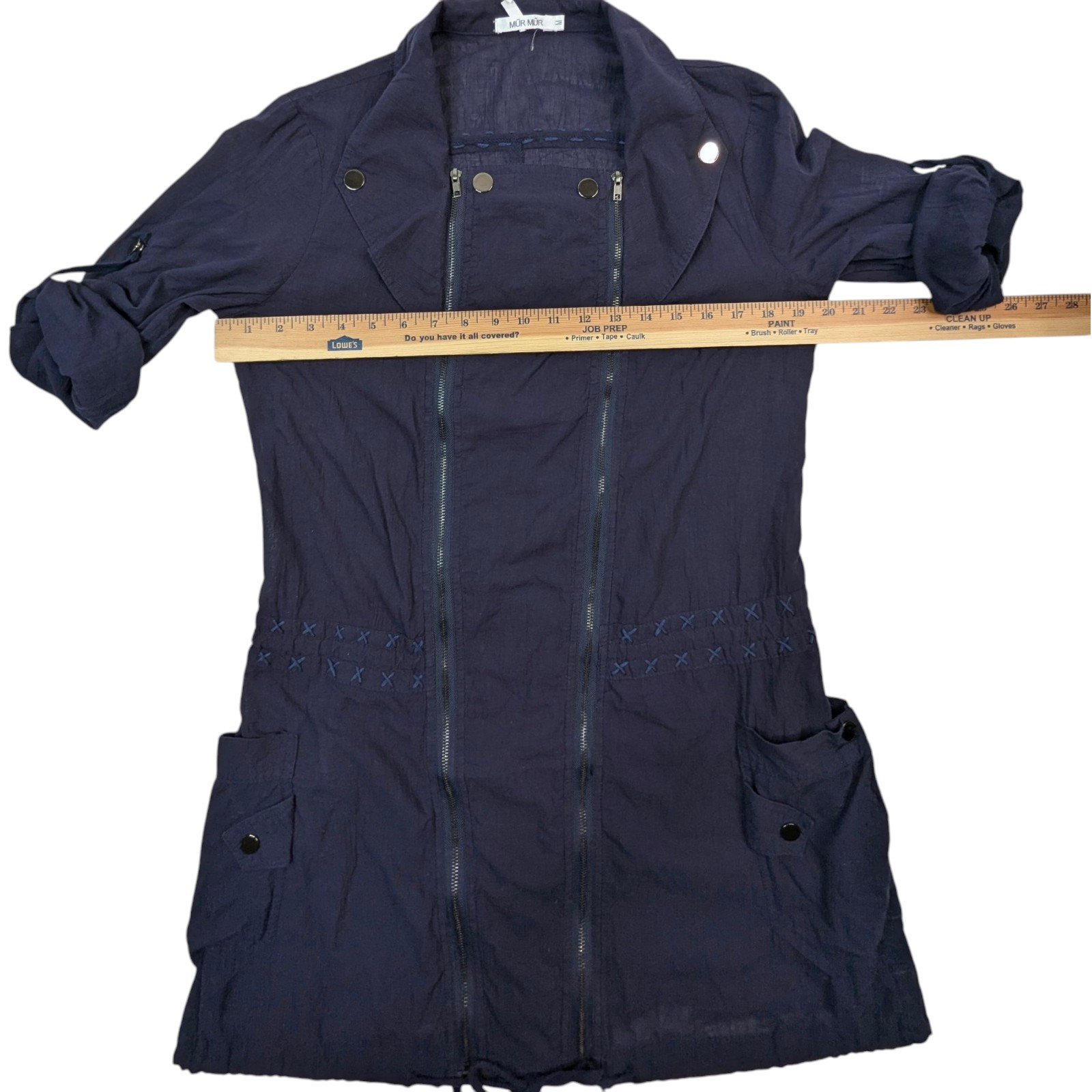 MUR MUR Tunic Jacket Women’s Sz M Navy Blue Asymetric Double Zipper light Weight