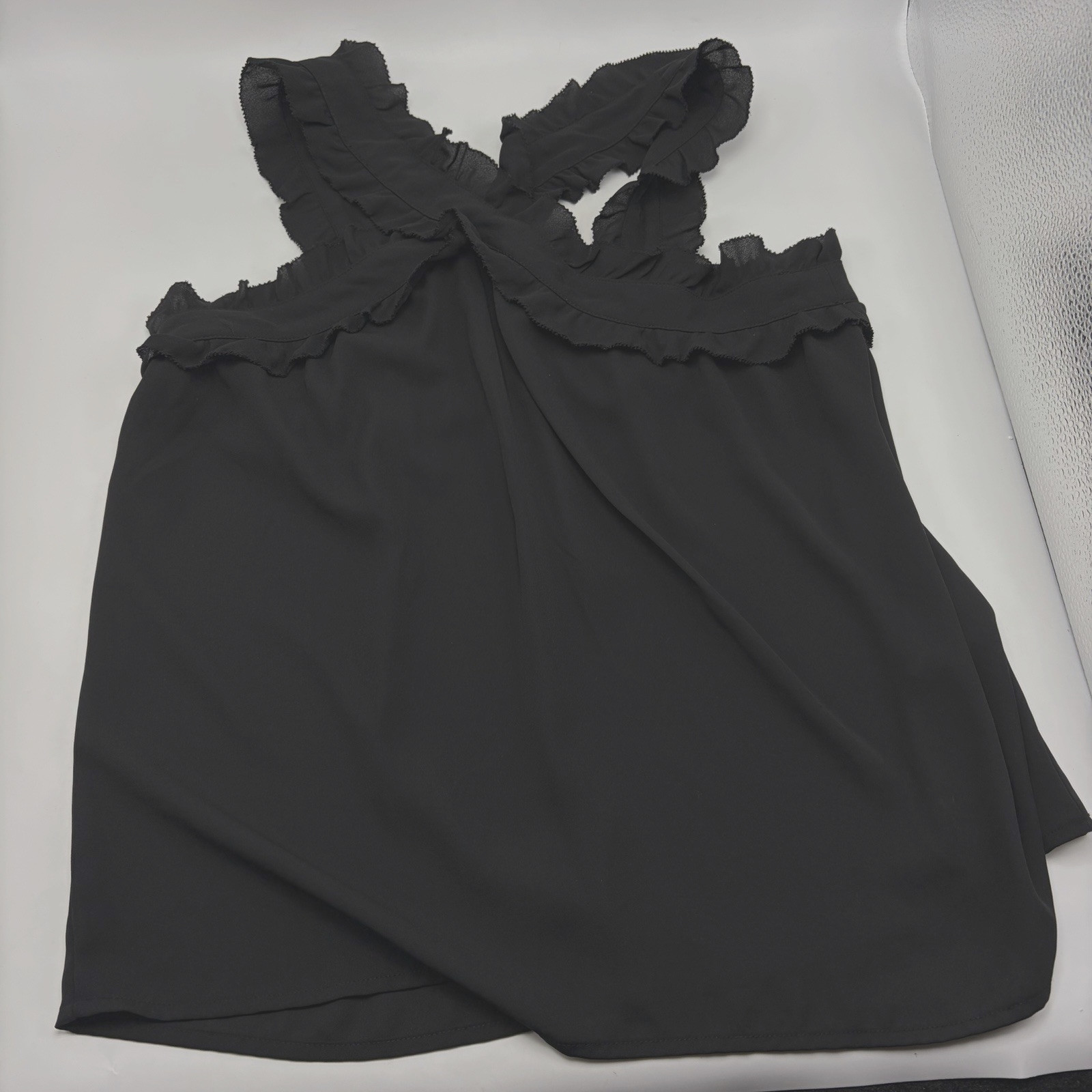 J Crew Tank Top Womens 2 Black Ruffle Cross Strap Blouse Sleeveless Preppy