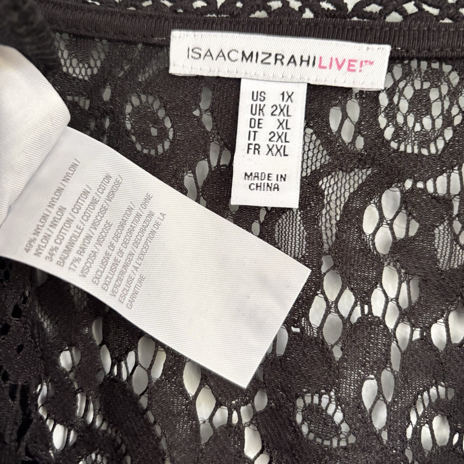 NEW Isaac Mizrahi Live! Black Floral Lace Knit Cover-Up Top Plus Size 1X Sheer