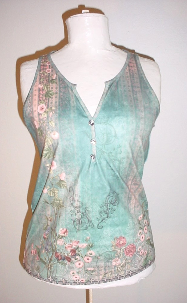 Chicme Sleeveless Top Size Medium Stretch Knit V-neckline Patterned Green S13825