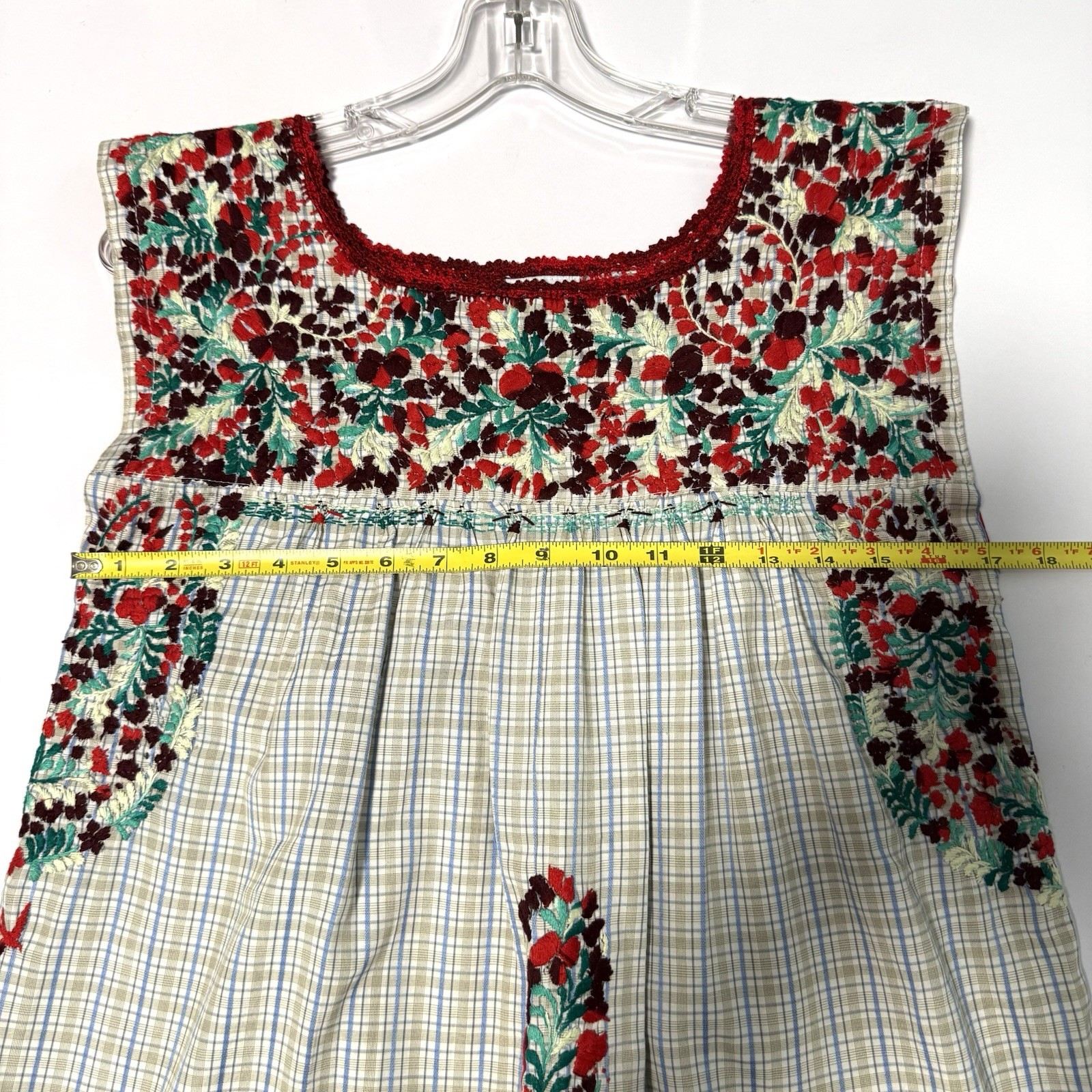 Mi Golondrina Hand Embroidered Tunic Top Blouse Red Green Floral Plaid S Mexico