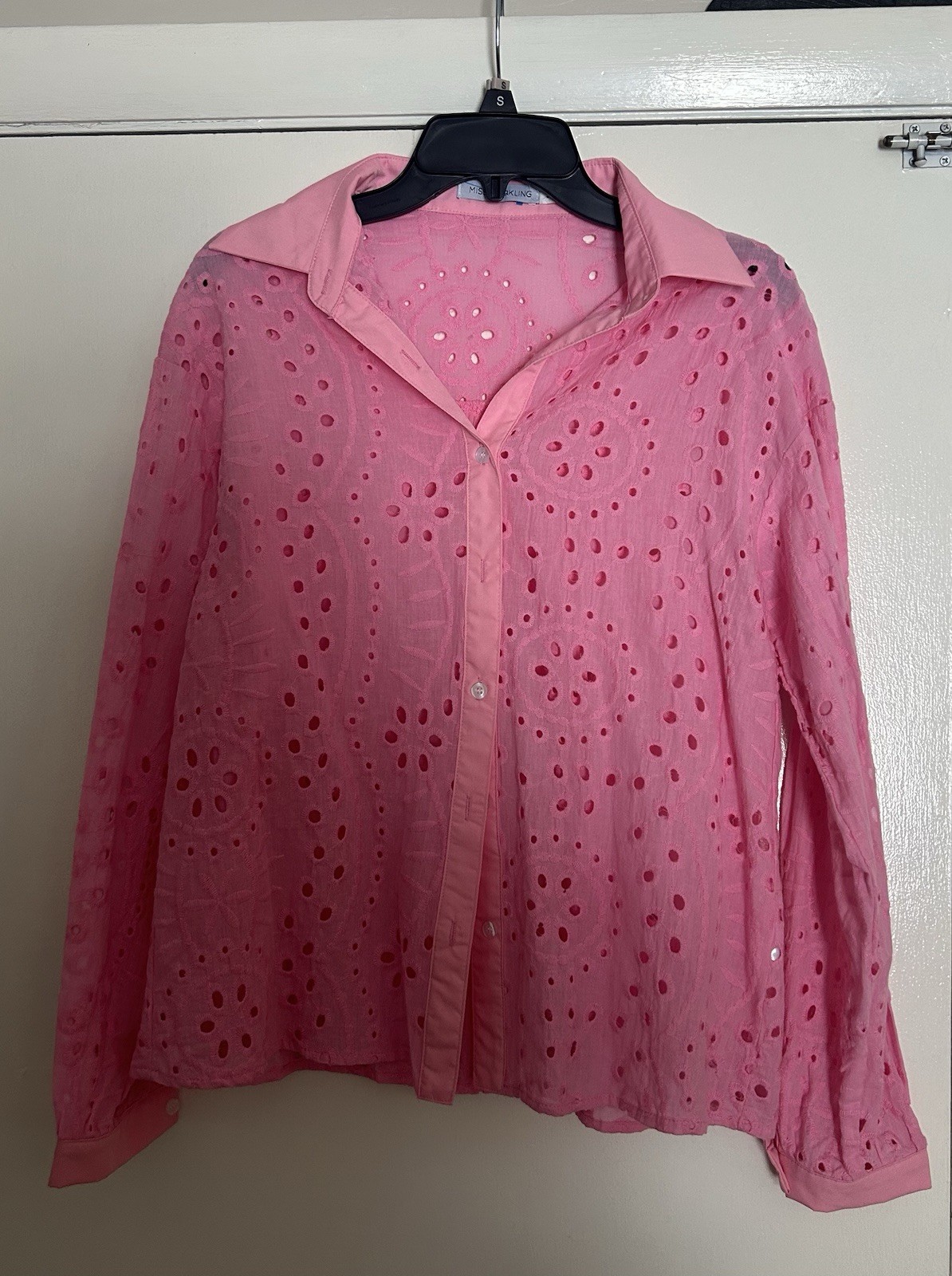 Miss sparkling Eyelet Long Sleeve Blouse Pink Size: Medium