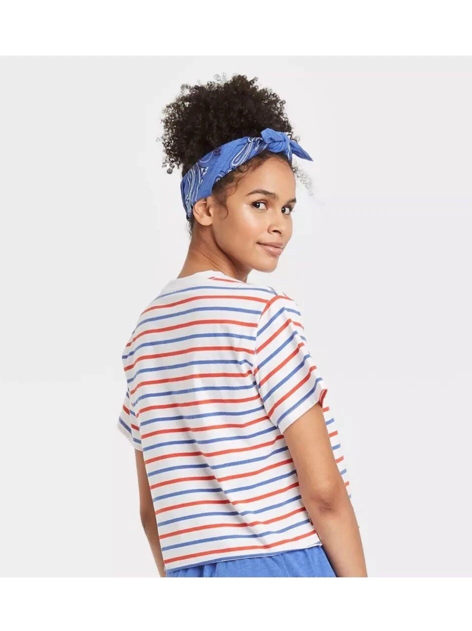 Mighty Fine Women’s Short Sleeve USA Graphic T-Shirt White/Red/Blue Stripe NWT L