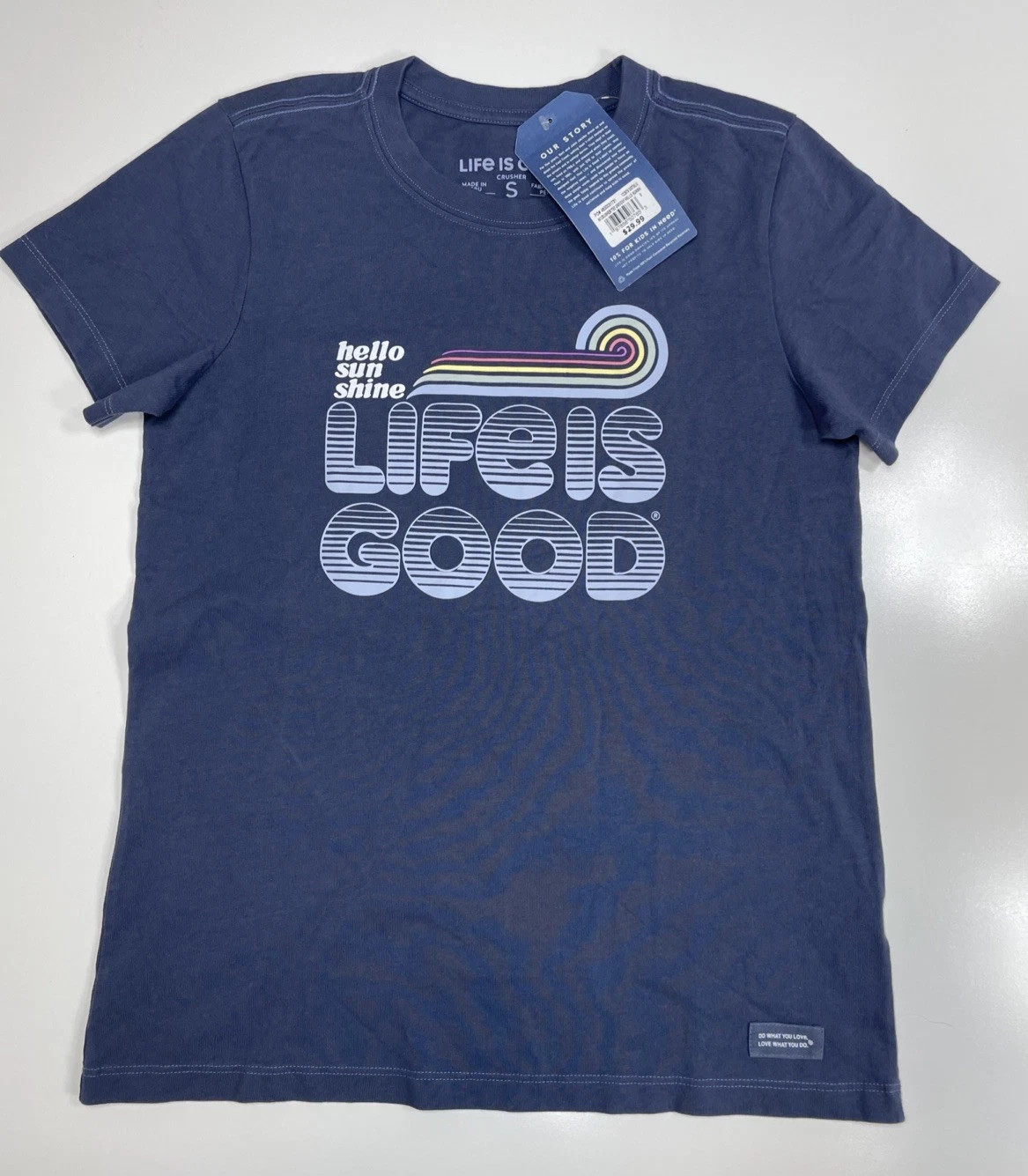 NWT Life Is Good- Hello Sunshine Womens T Shirt, Graphic Crusher Blue-Choose SZ