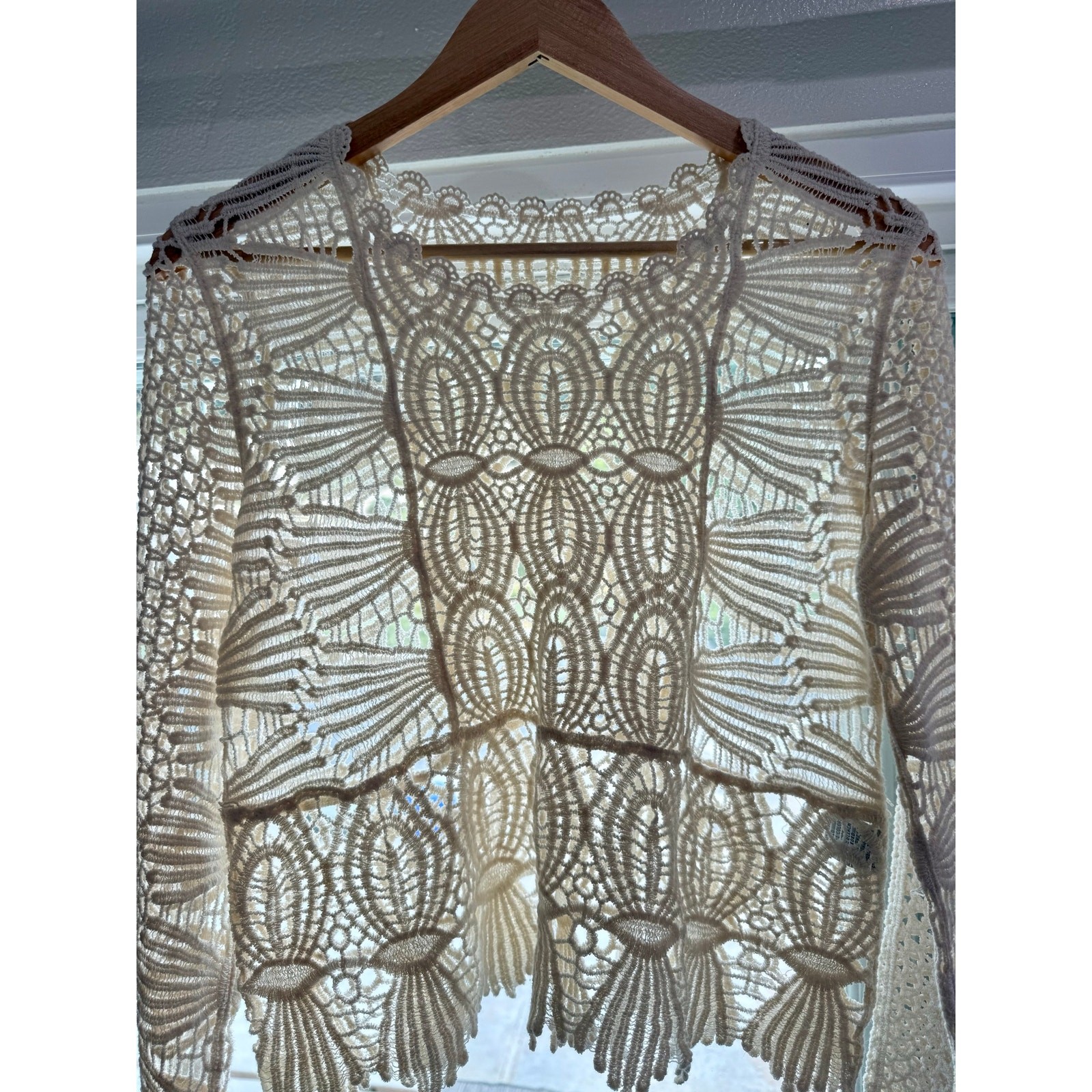 Ivory Crochet Lace Long Sleeve Crop Top Boho Festival Sheer Bell Sleeve One Size