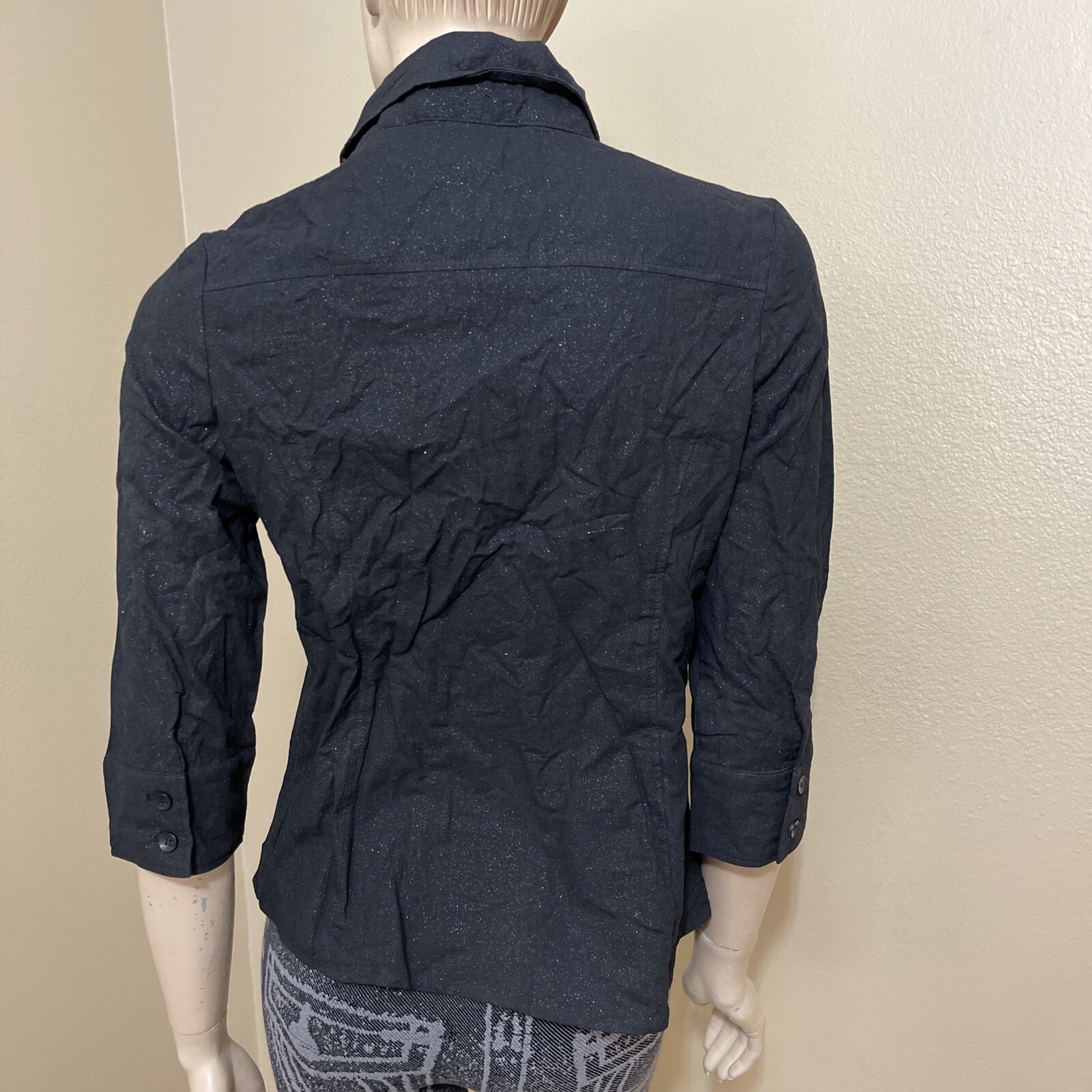 Women’s Black Silver Cotton Casual Button Zipper Glitter TieSize L Top Blouse