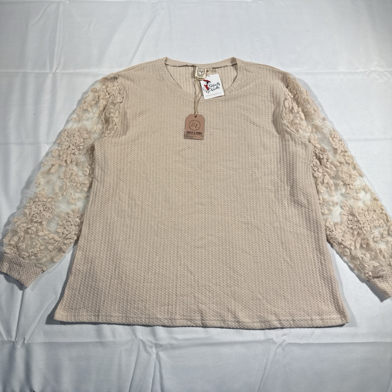 Grace & Emma Perfectly Priscilla Waffle Knit Lace Sleeve Blouse XL NWT