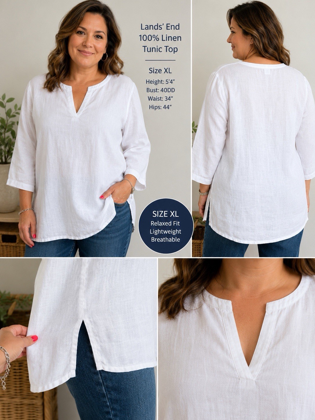 LANDS’ END 100% Linen Tunic Top Women’s XL White 3/4 sleeve Split Neck Casual