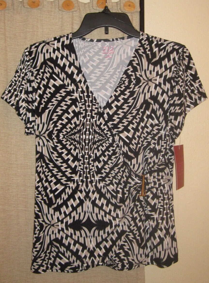 M Medium 8 10 shirt top 212 Collection wrap look black white goldish tan new