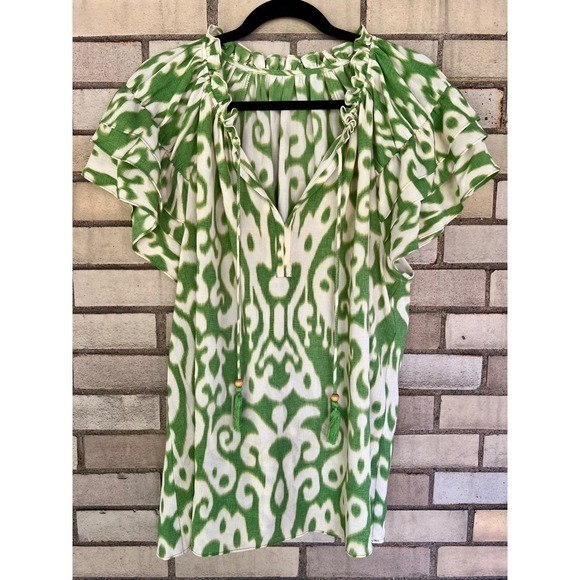 Green White Ikat Ruffle Neck Tassel Tie Flutter Sleeve Blouse Top Size XXL