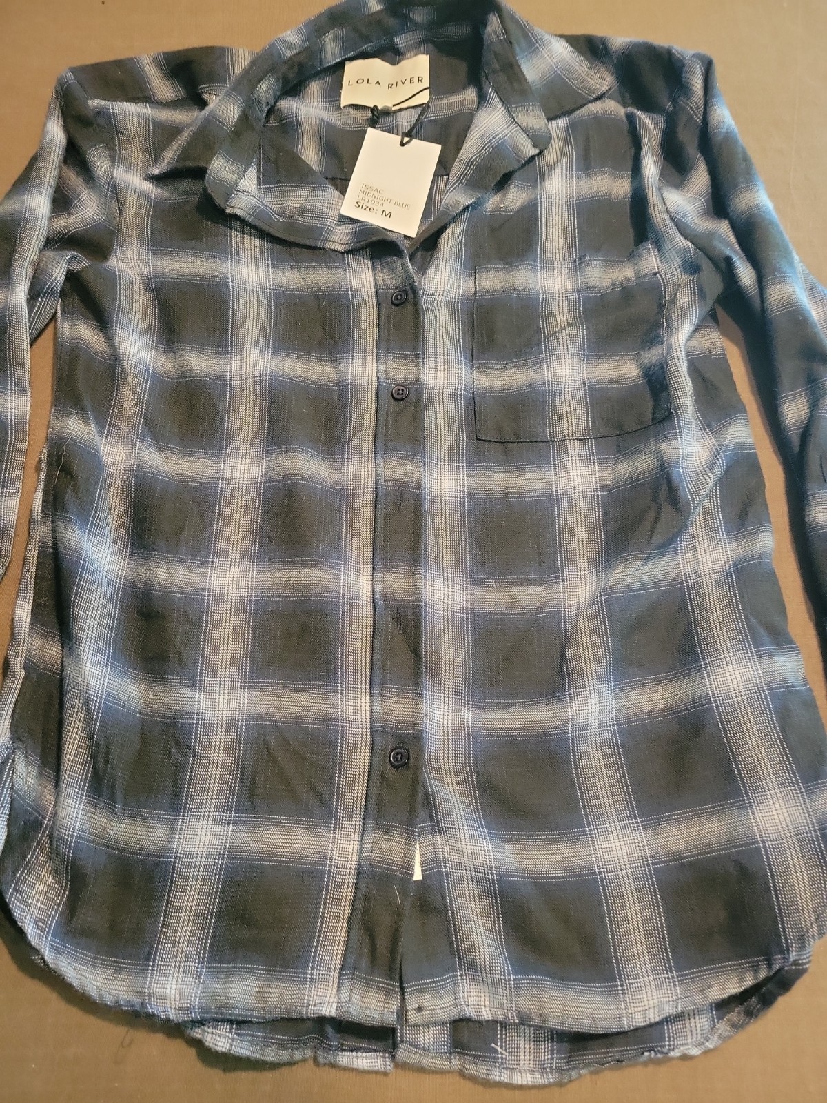 Lola River Issac Midnight Blue Plaid Flannel Women Button Up Shirt Medium