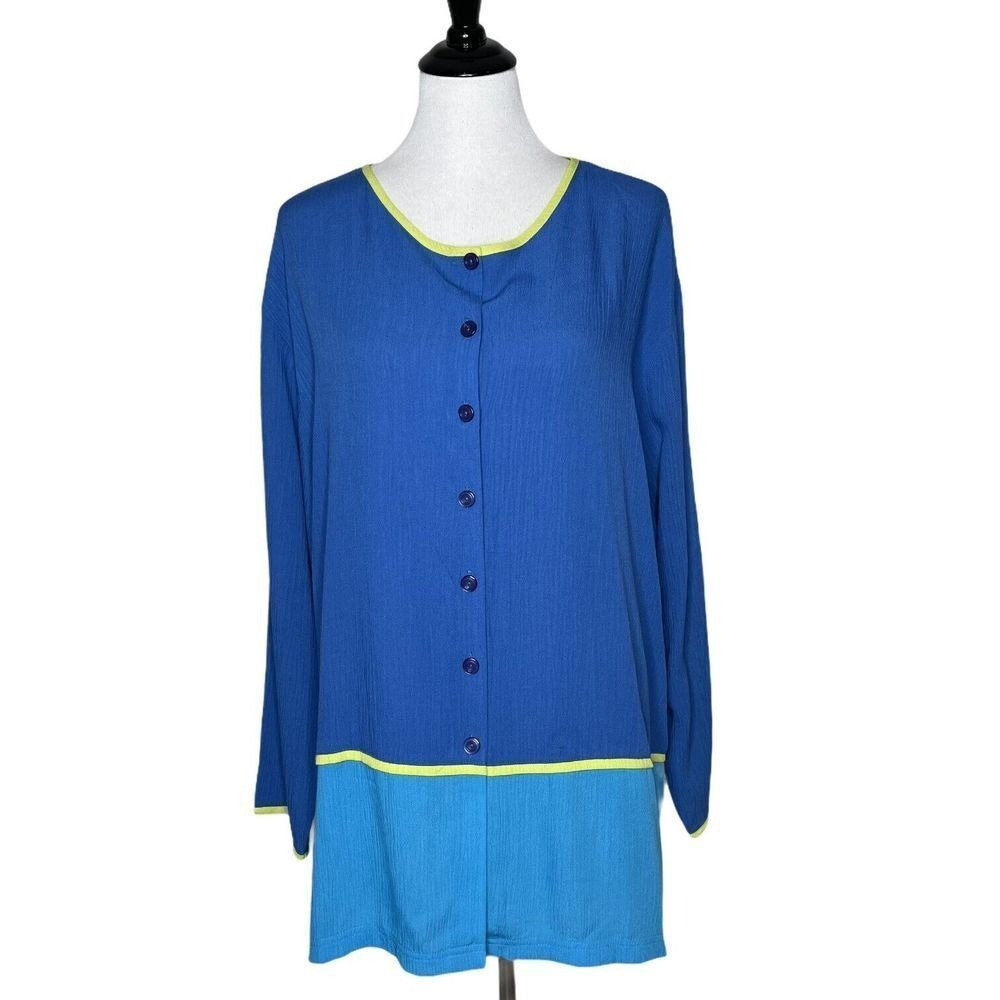 Diane Von Furstenberg Color Authority Crinkle Tunic Top Size L Colorblock Blue
