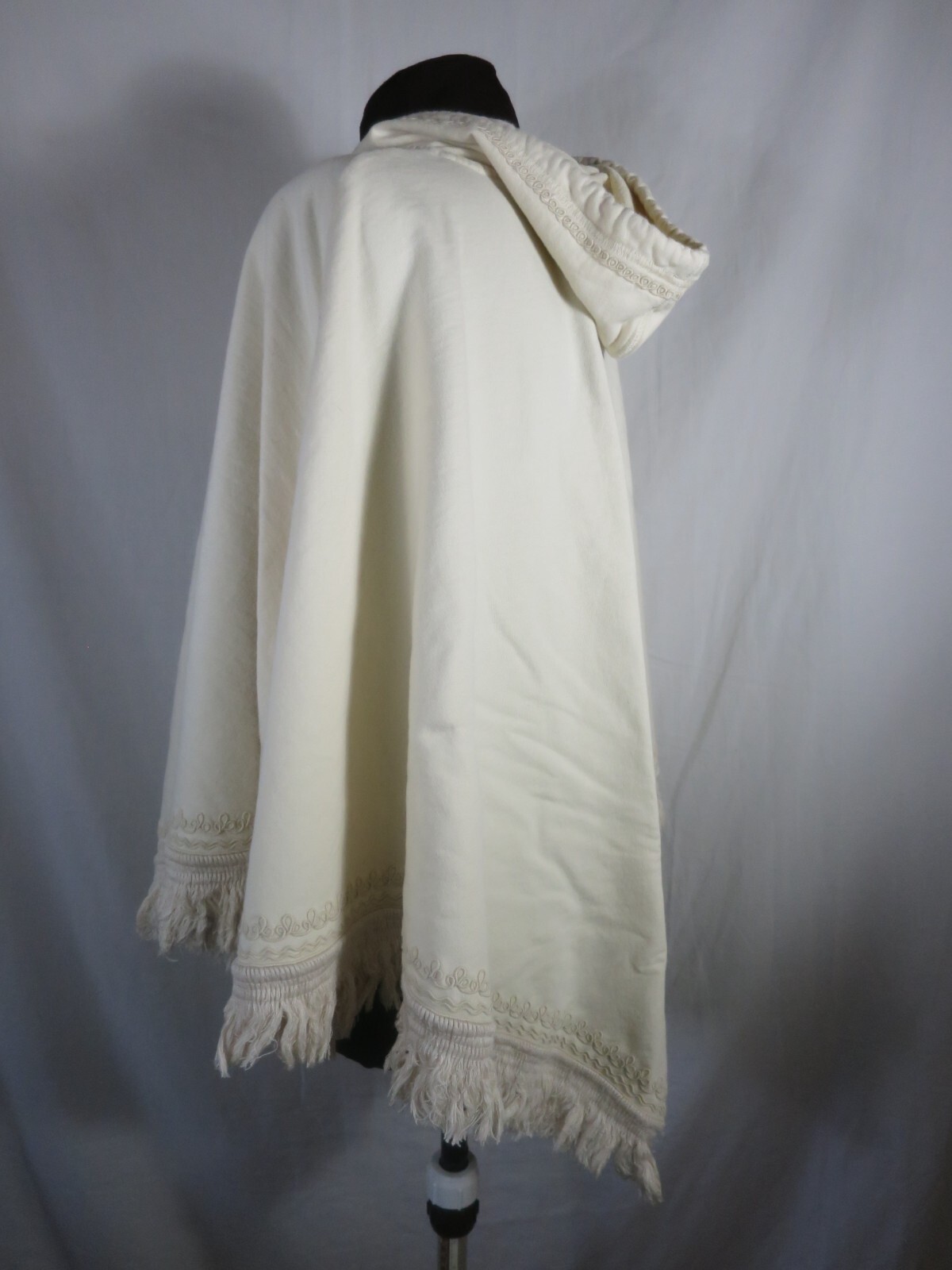 Lucky Hooded Poncho Cream Medium Weight Cotton Wood Beads Fringe Ties One Size